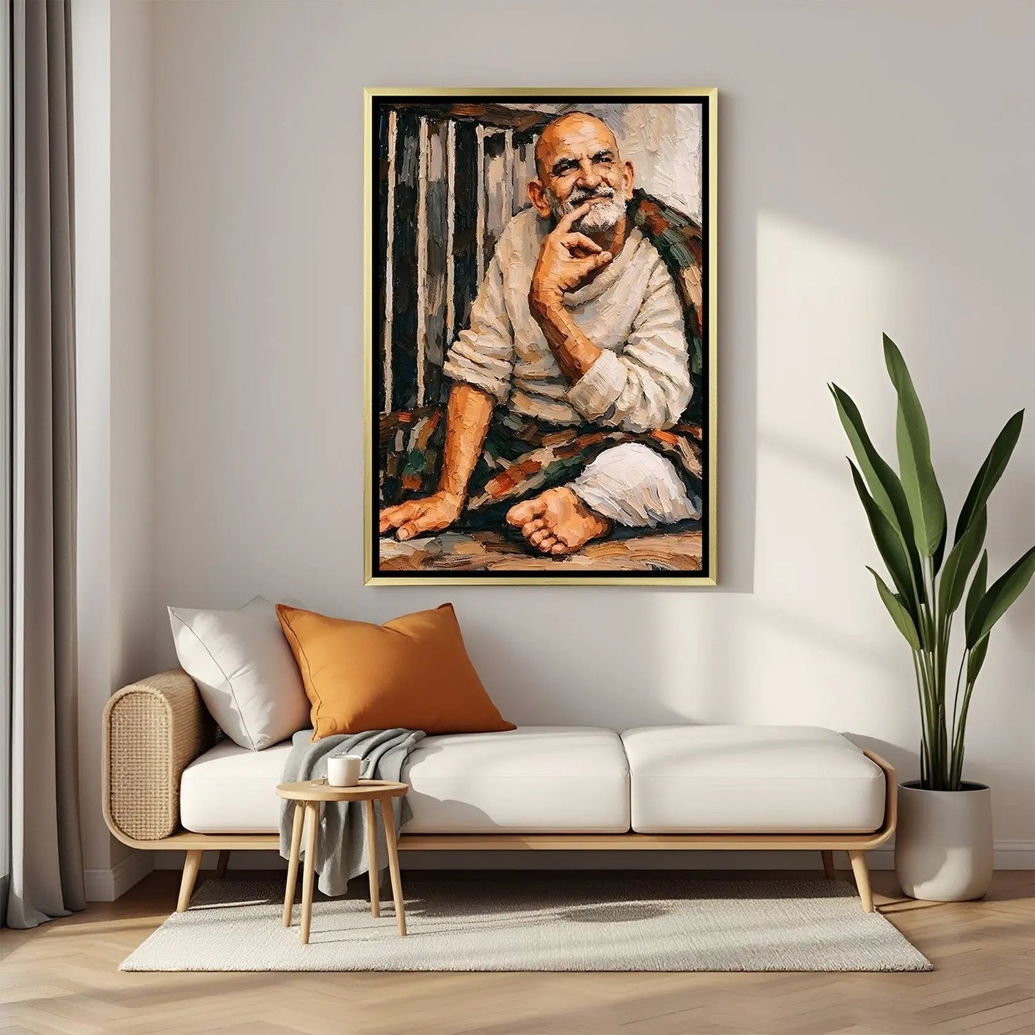 Whispers of Wisdom Neem Karoli Baba artwork in luxury golden floater frame featuring a reflective seated pose