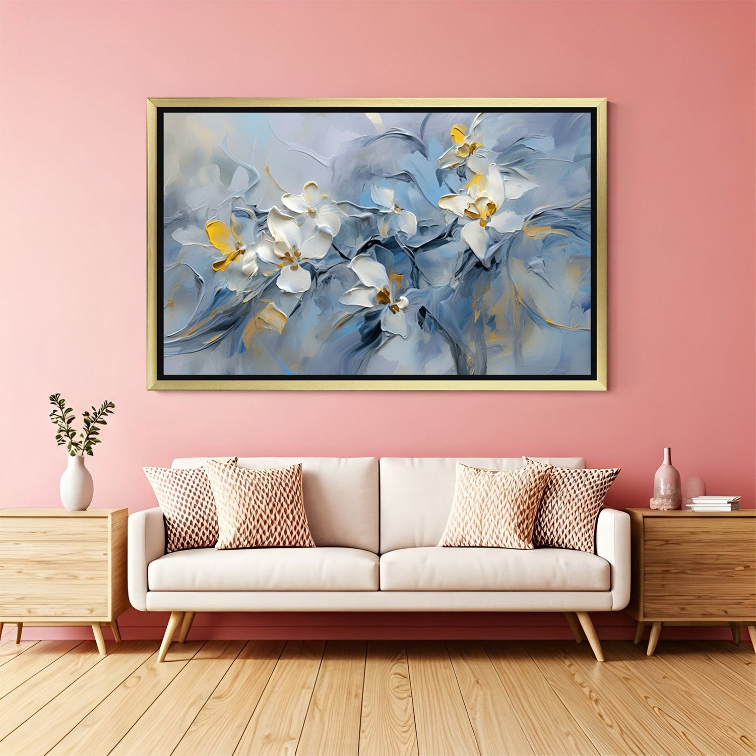 Golden-framed large wall art of a painted abstract white flower, designed for luxury home or office wall decor
