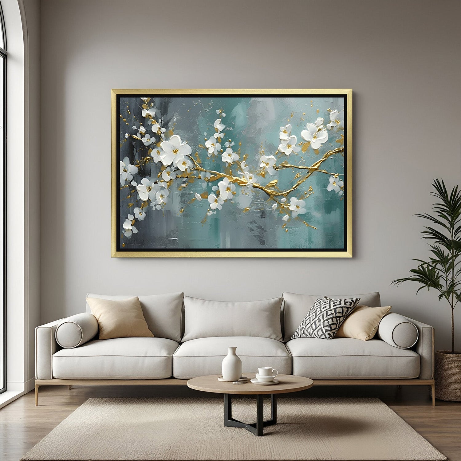Golden-framed wall art of white floral branch with multiple small blooms, designed for nature-inspired and calm interiors