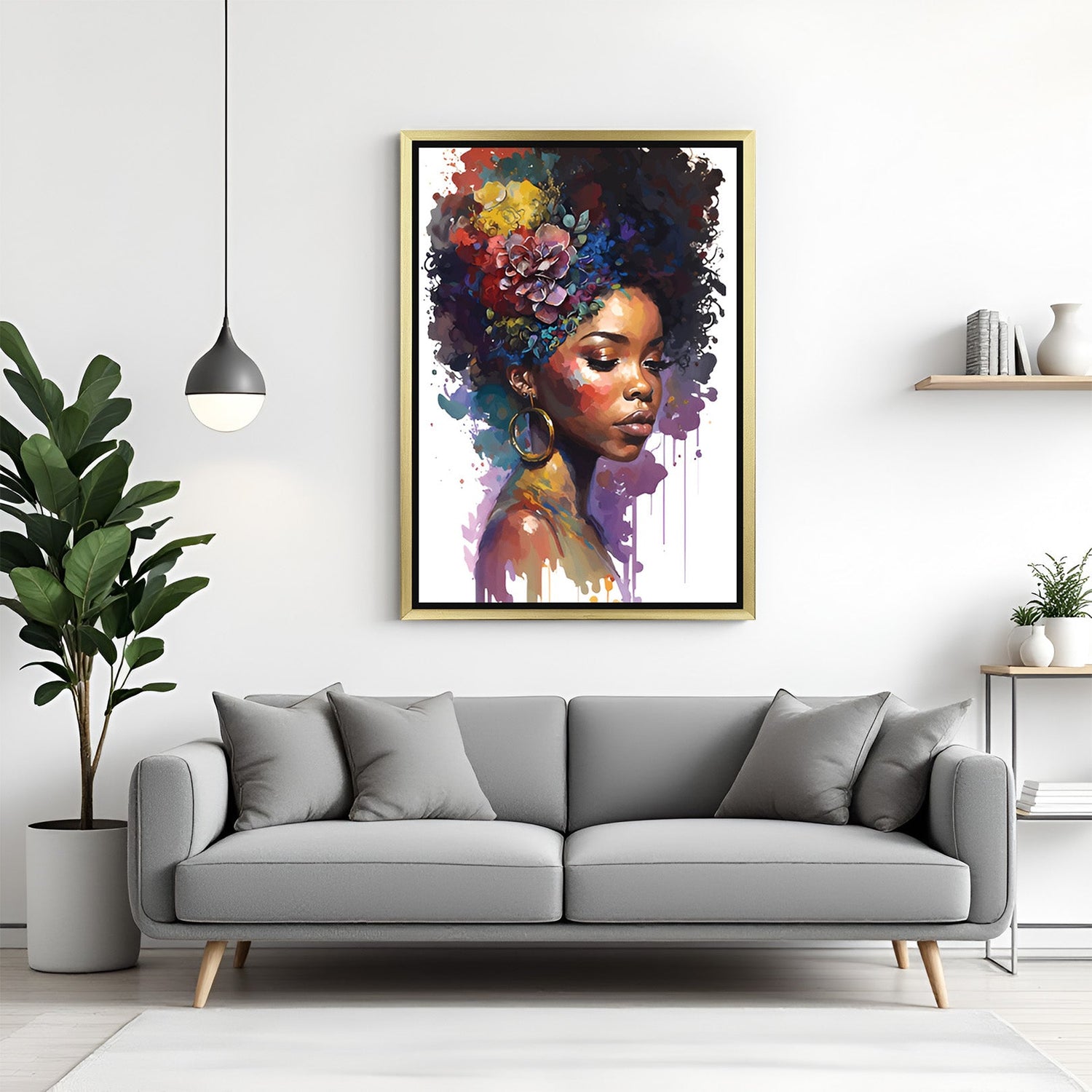 Golden-framed portrait of African girl in painted brush style on white canvas, perfect for elegant, ethnic, and contemporary interiors
