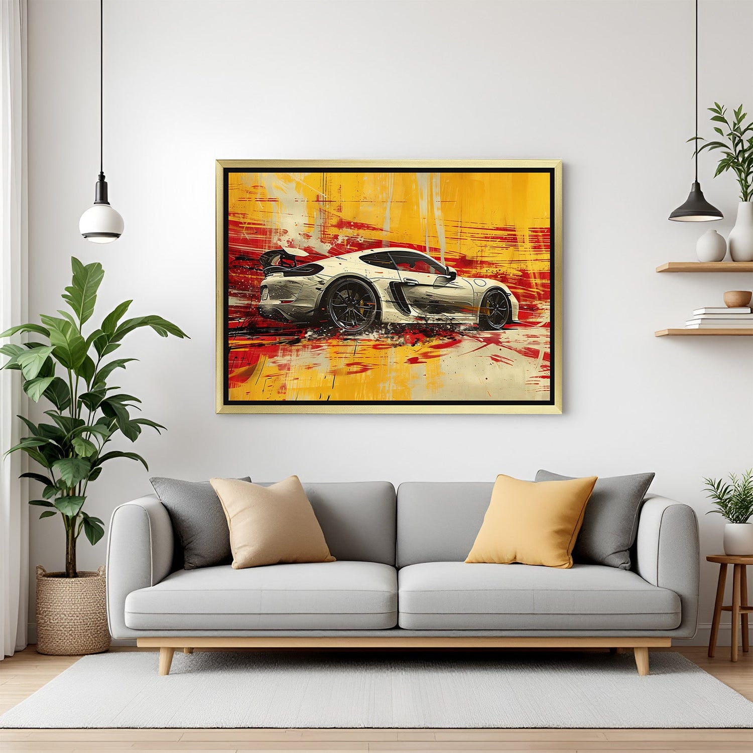 Golden frame animated style white sports car canvas print, great for modern home walls, teen rooms, and auto enthusiast collections