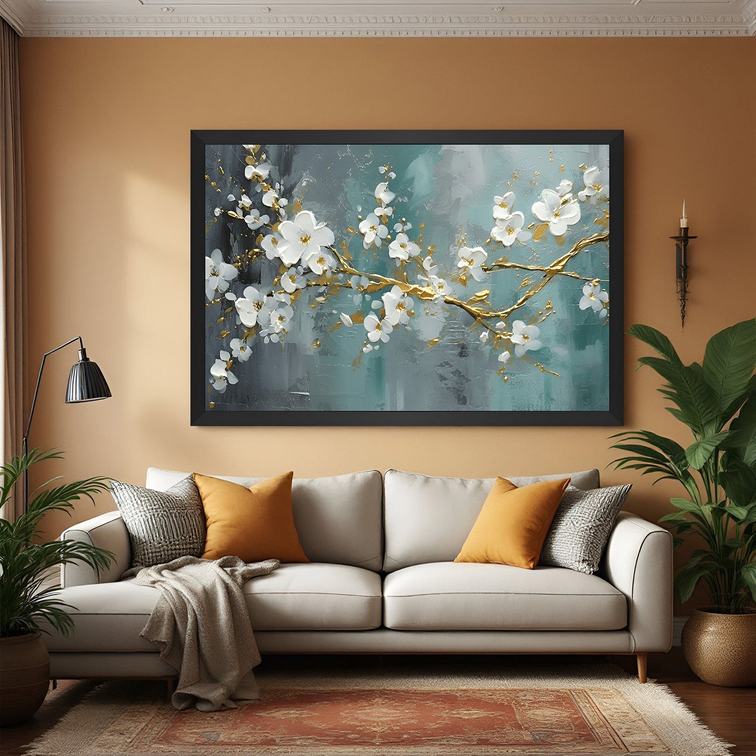 Framed canvas of small white flowers on a branch with a black floater frame, ideal for minimalist and modern wall styling