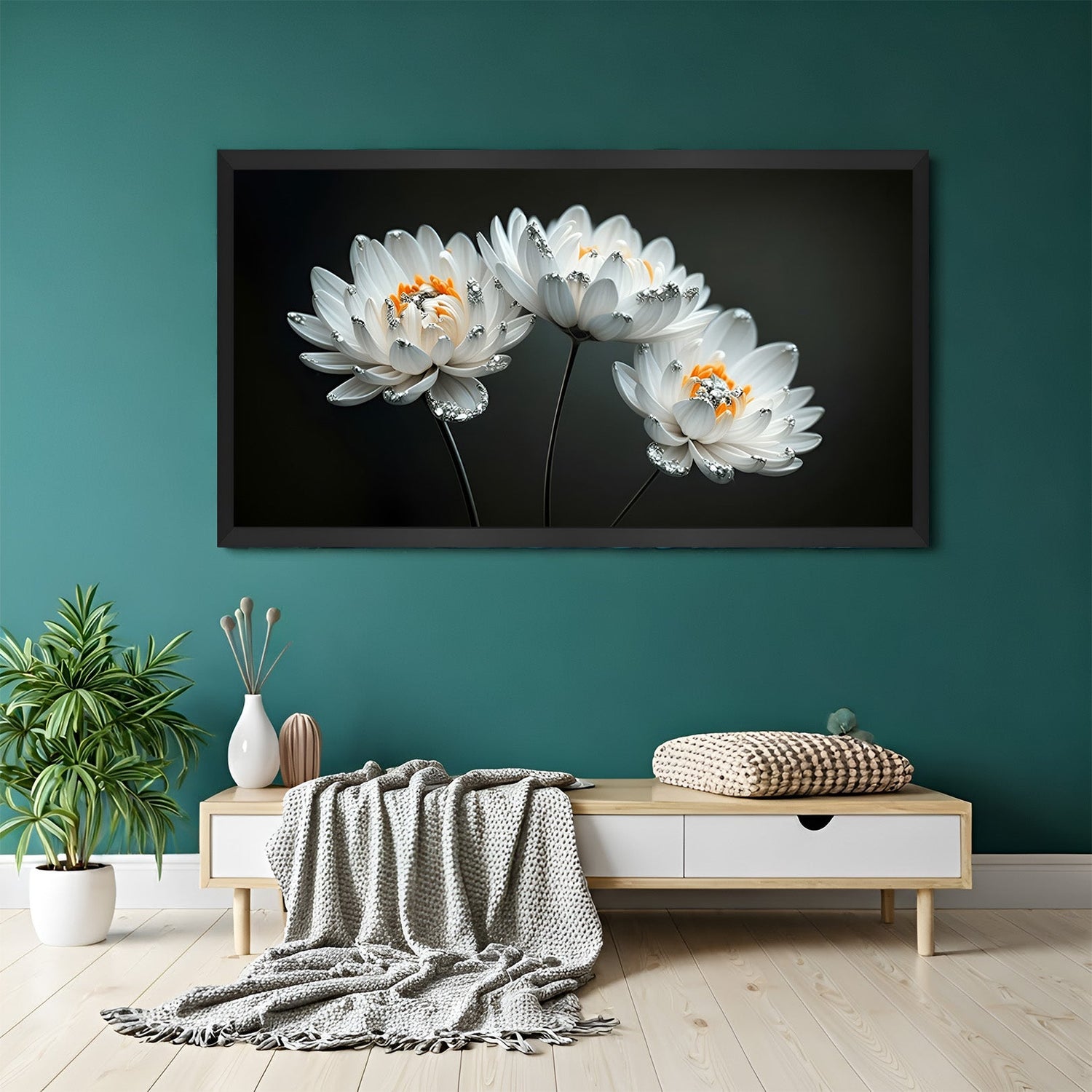 Framed canvas of three soft white flowers against a dark canvas with black floater frame, ideal for bold and stylish wall decor