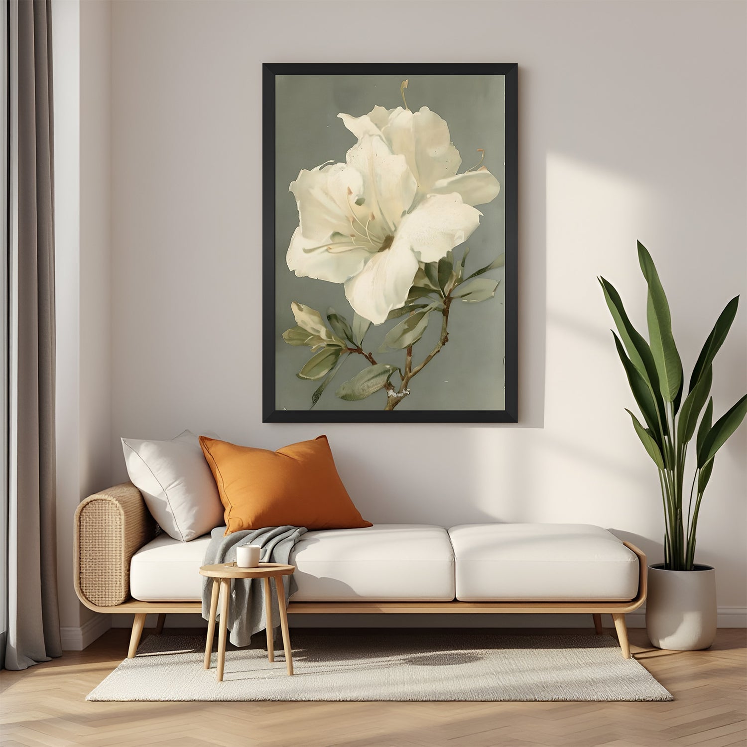 Framed large canvas of a white flower with black floater frame, ideal for minimalist and contemporary home decor