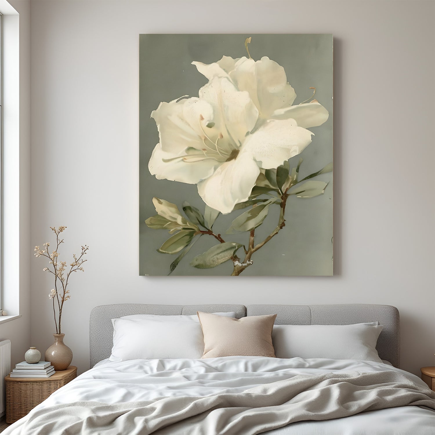 Large canvas wall art of a white flower in aesthetic painted style, perfect for serene and modern interior decoration