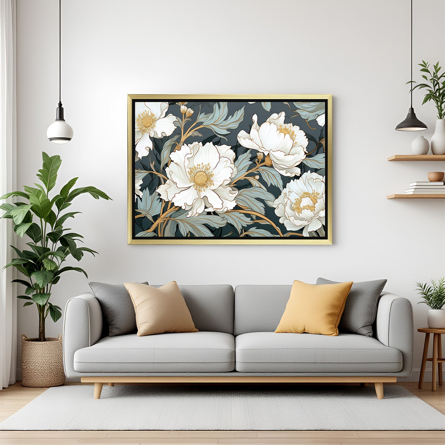 Golden-framed wall art of a soft white flower in illustrated style, designed to add grace and style to home or office interiors