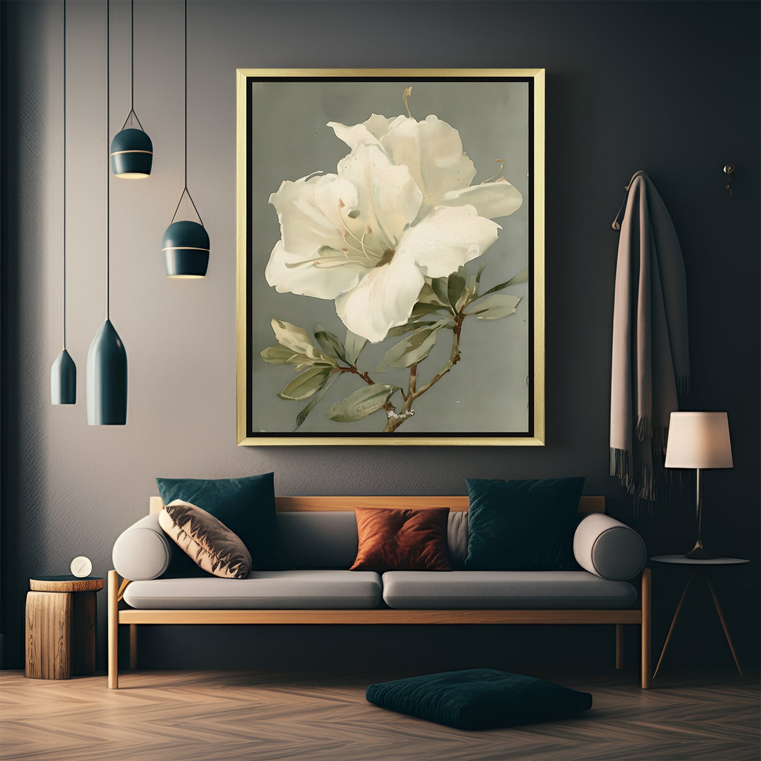 Golden-framed large white flower canvas wall art, designed in aesthetic style for elegant and luxurious wall decor