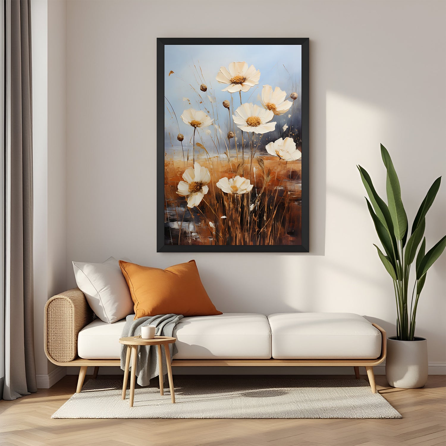 Black-framed canvas printed wall art of soft white flower—vintage botanical art for elegant interiors