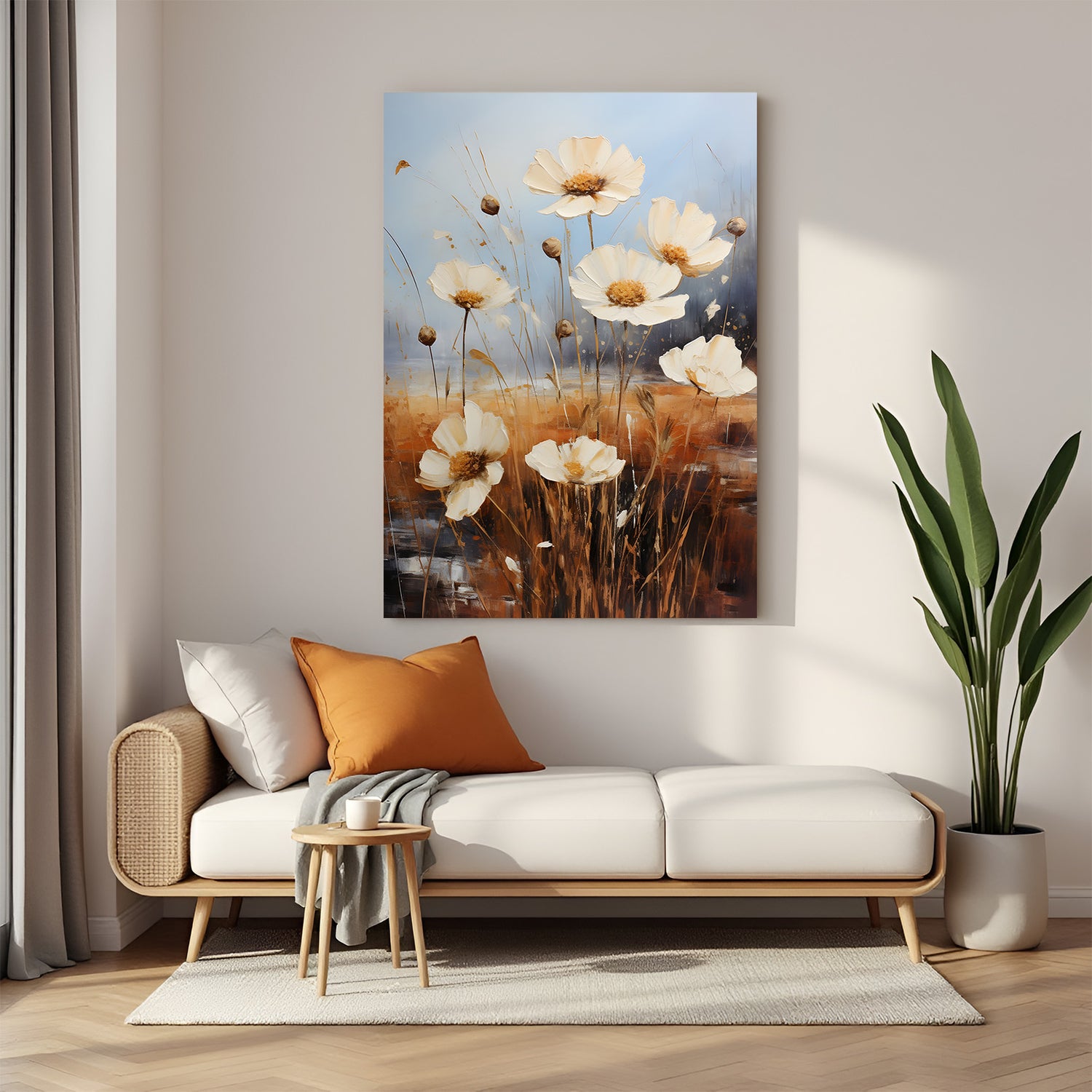 Vintage canvas art of a blooming white flower on aged background—ancient-style floral wall decor