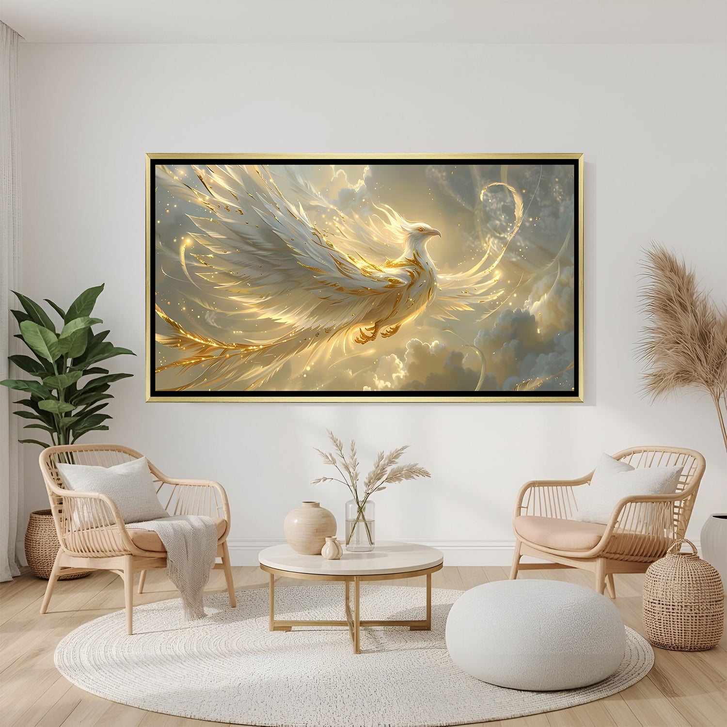 Elegant white phoenix wall art in gold frame featuring celestial clouds and shimmering gold details.