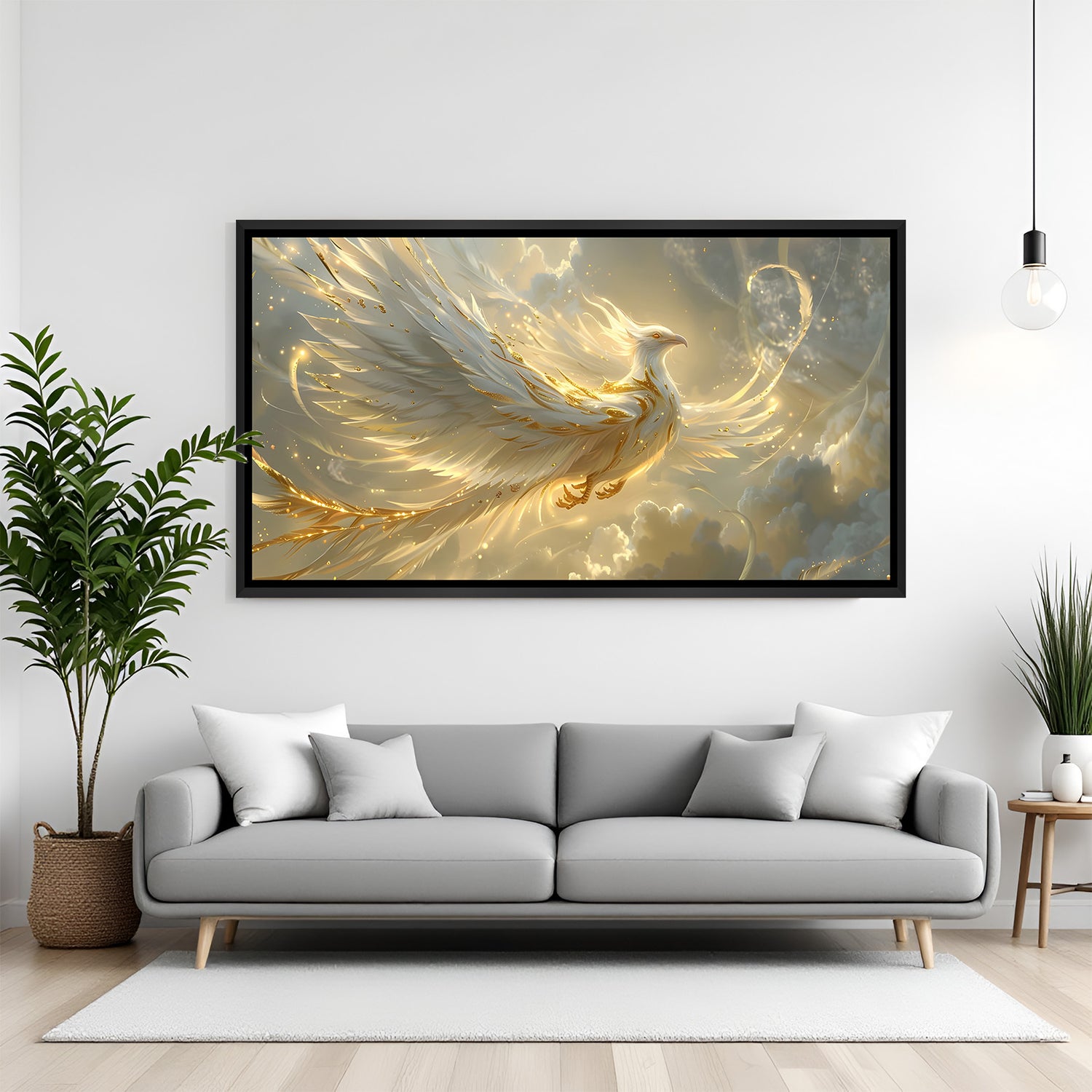 Luxury white and gold phoenix panorama artwork in sleek black frame displayed on modern teal accent wall.