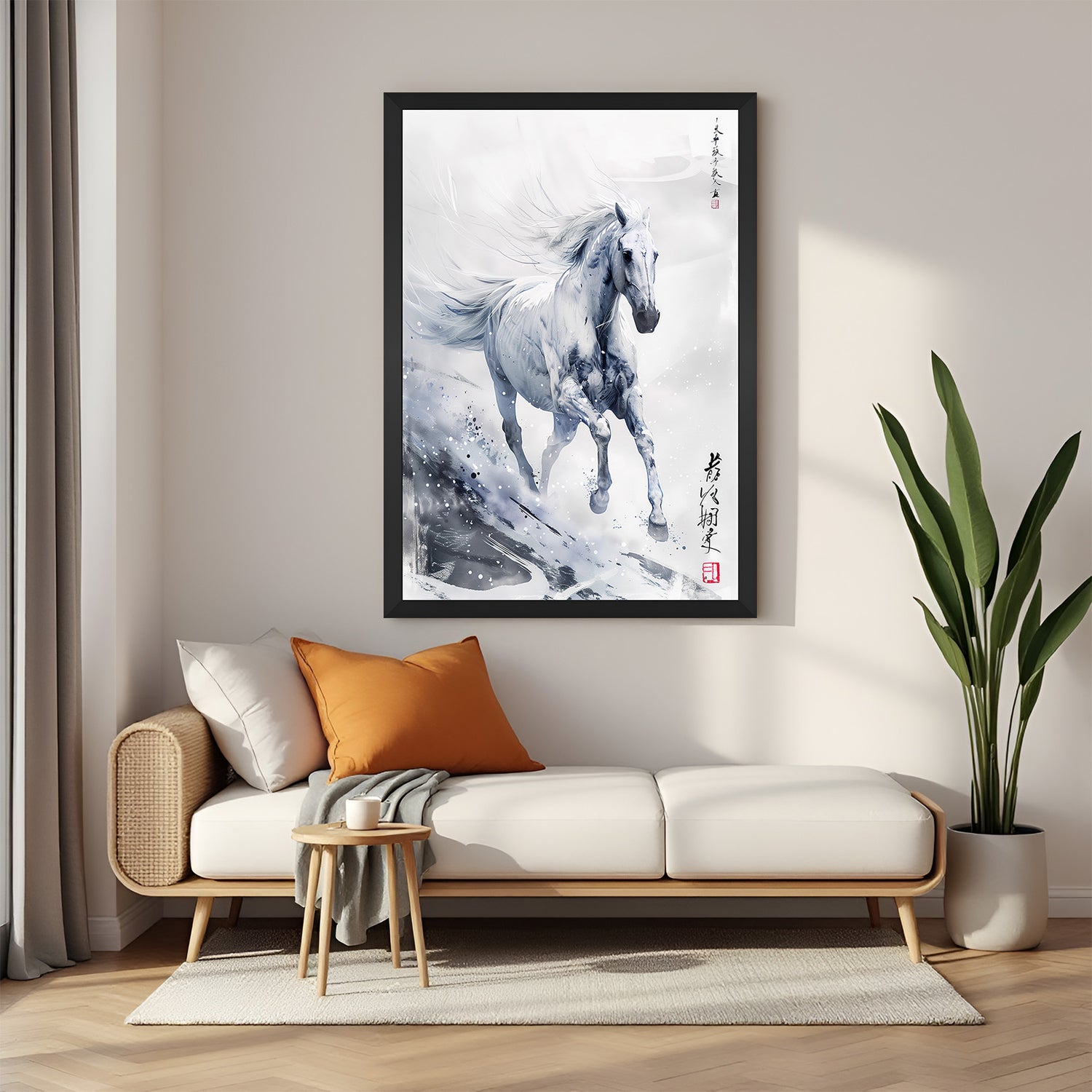 Framed modern art of a white horse in motion, Japanese aesthetic on canvas with black floater frame, ideal for positive Vastu home styling