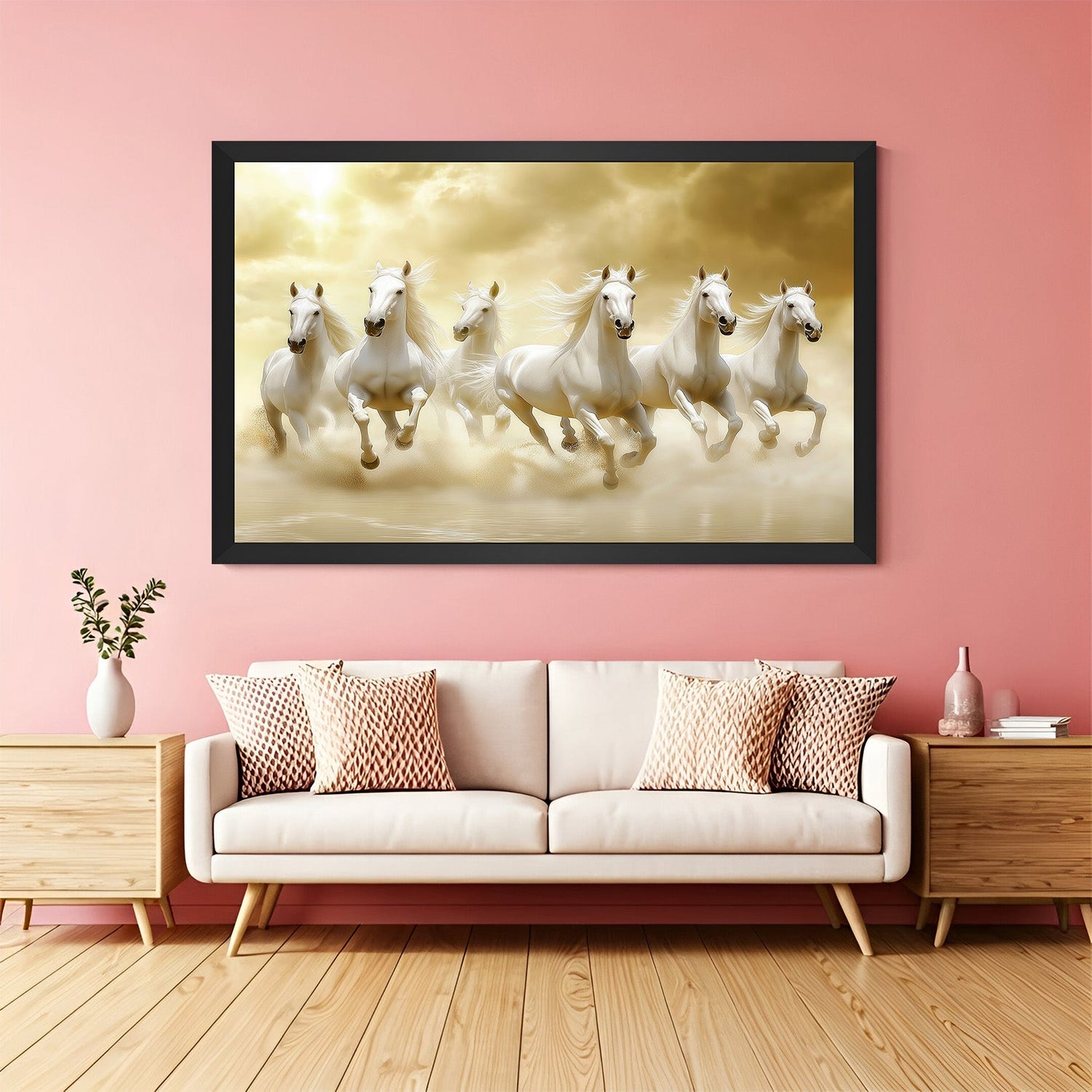 Black floater frame six white horses Vastu painting symbolizing clarity, focus, and energy for home and workspace interiors