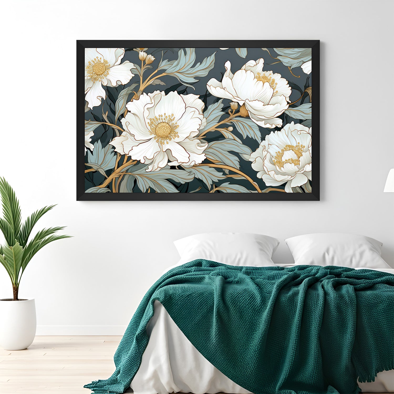 Framed canvas of an animated-style white flower with black floater frame, ideal for minimalist and elegant interiors