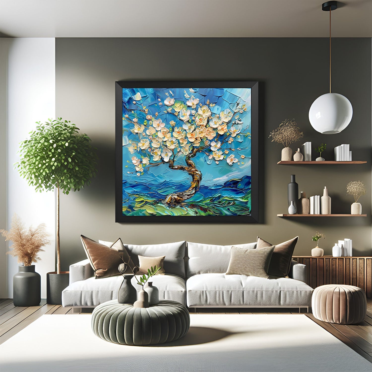 Black frame canvas of tree with white foliage in abstract style – painted wall art ideal for calm, stylish interior spaces