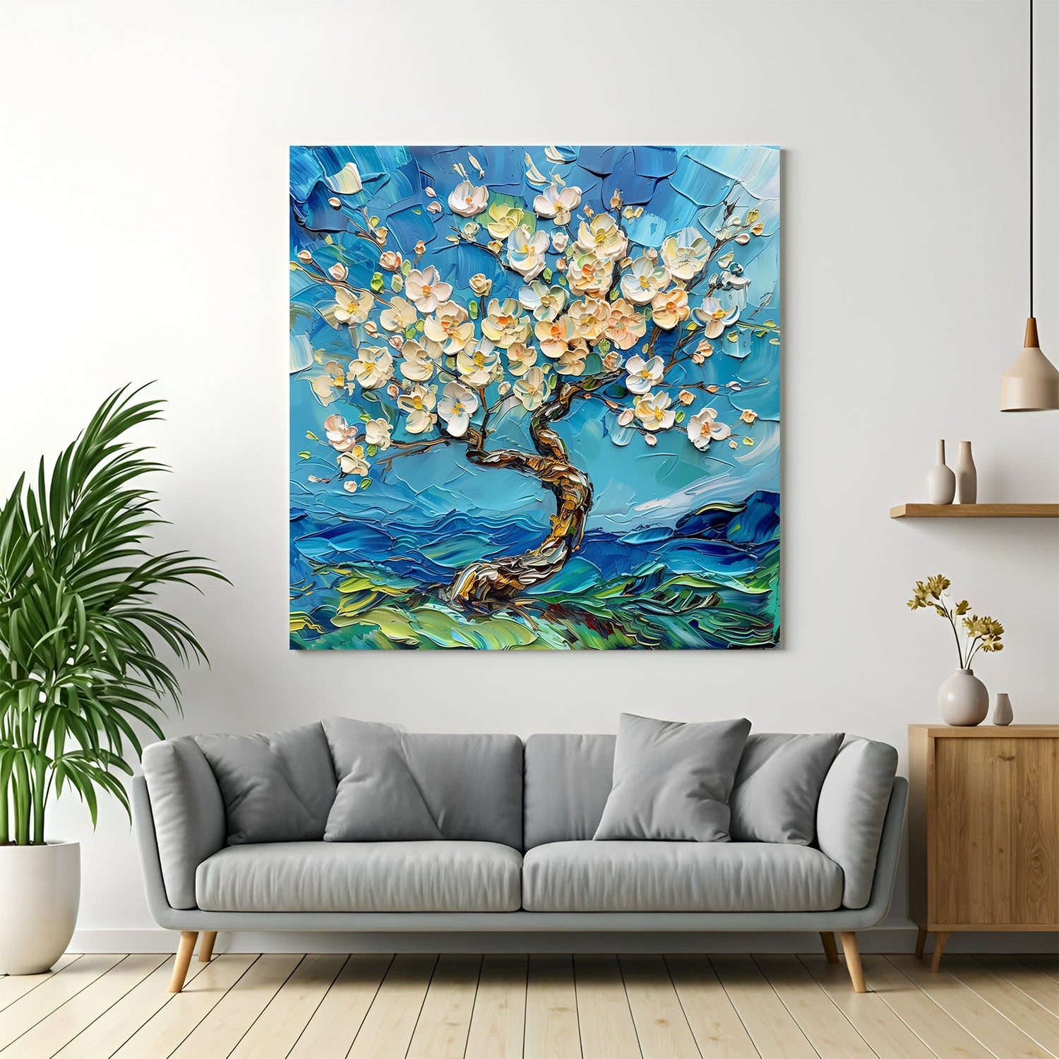 Abstract canvas wall art of a tree with white leaves – minimalist painted artwork perfect for peaceful, nature-inspired modern wall decor