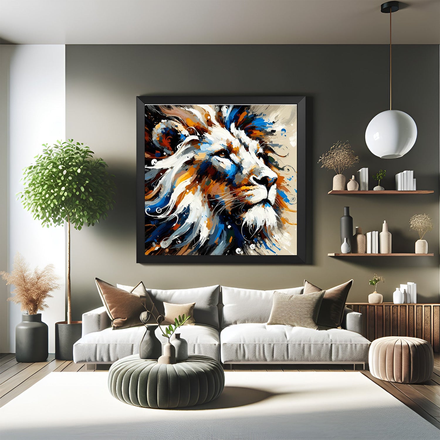 White lion wall art in black floater frame, perfect for neutral-toned or monochrome home interiors that reflect calm strength
