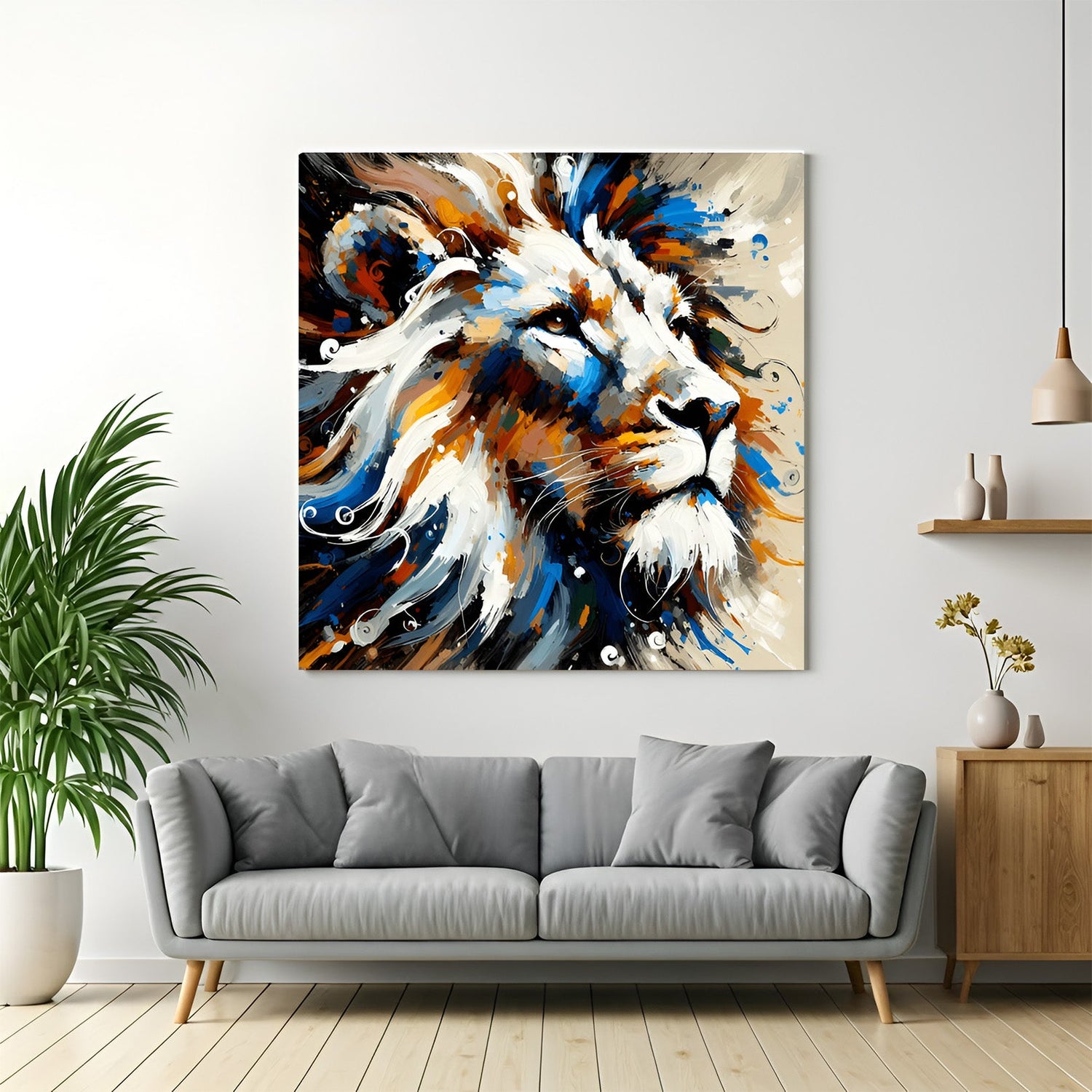 Side view white lion canvas painting in soft tones, symbolizing elegance and wisdom—ideal for luxury and minimal modern interiors