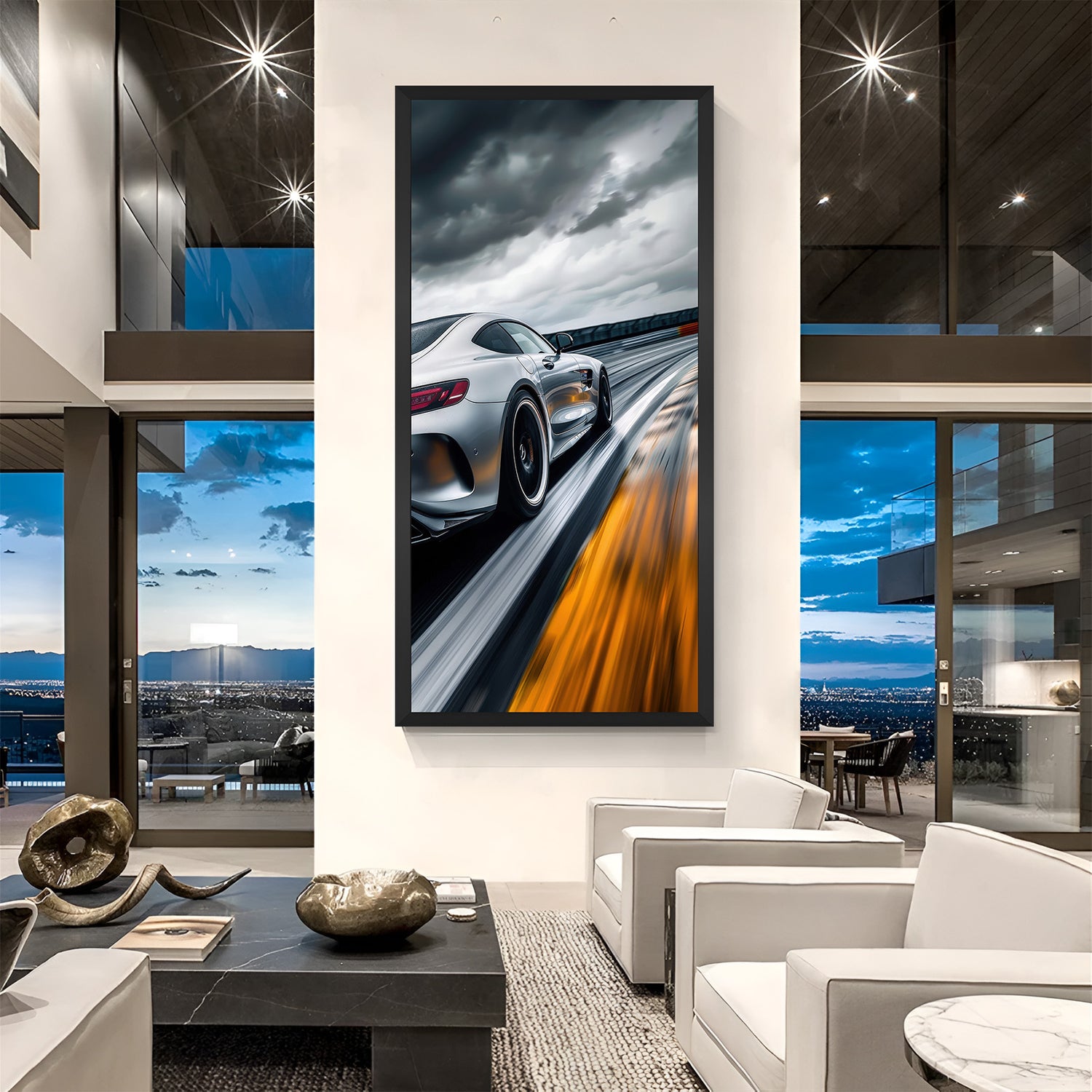 White Mercedes speed motion canvas with black frame—perfect for auto-themed rooms and luxurious contemporary spaces
