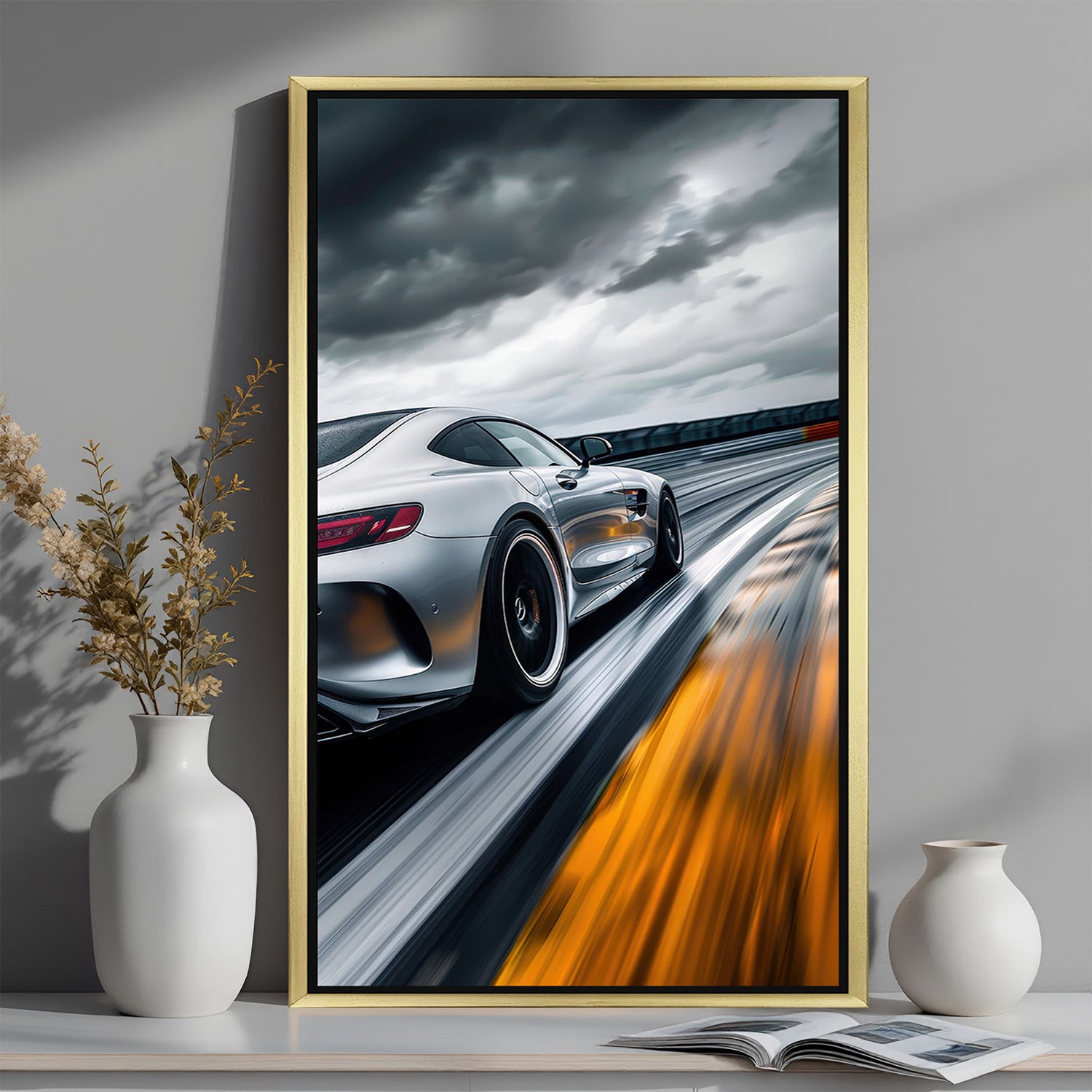 Golden frame wall art of white Mercedes car speeding from side angle—adds elegance and energy to your car decor setup