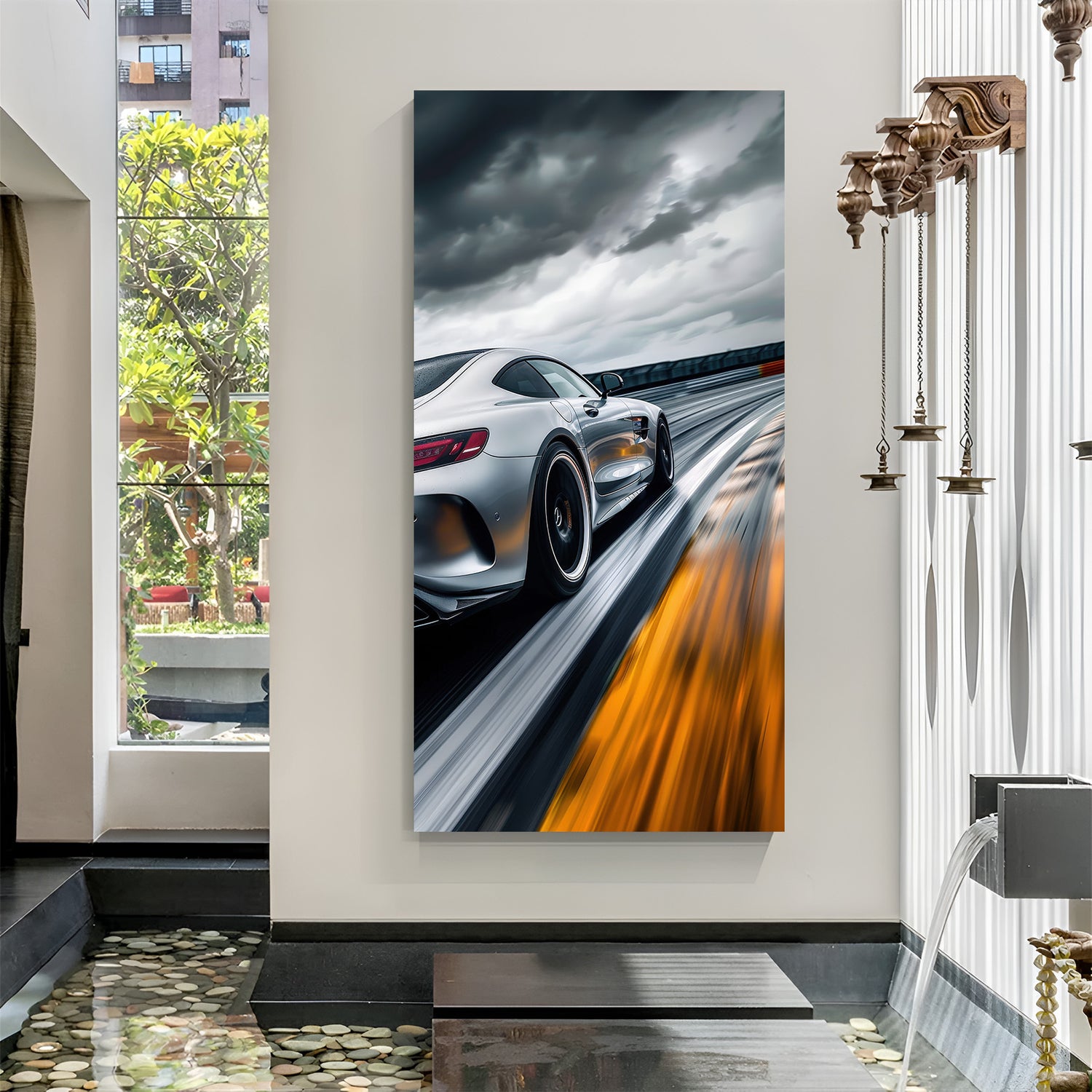 Canvas wall art of white Mercedes in high-speed motion from side angle—ideal for modern interiors and car lovers' decor