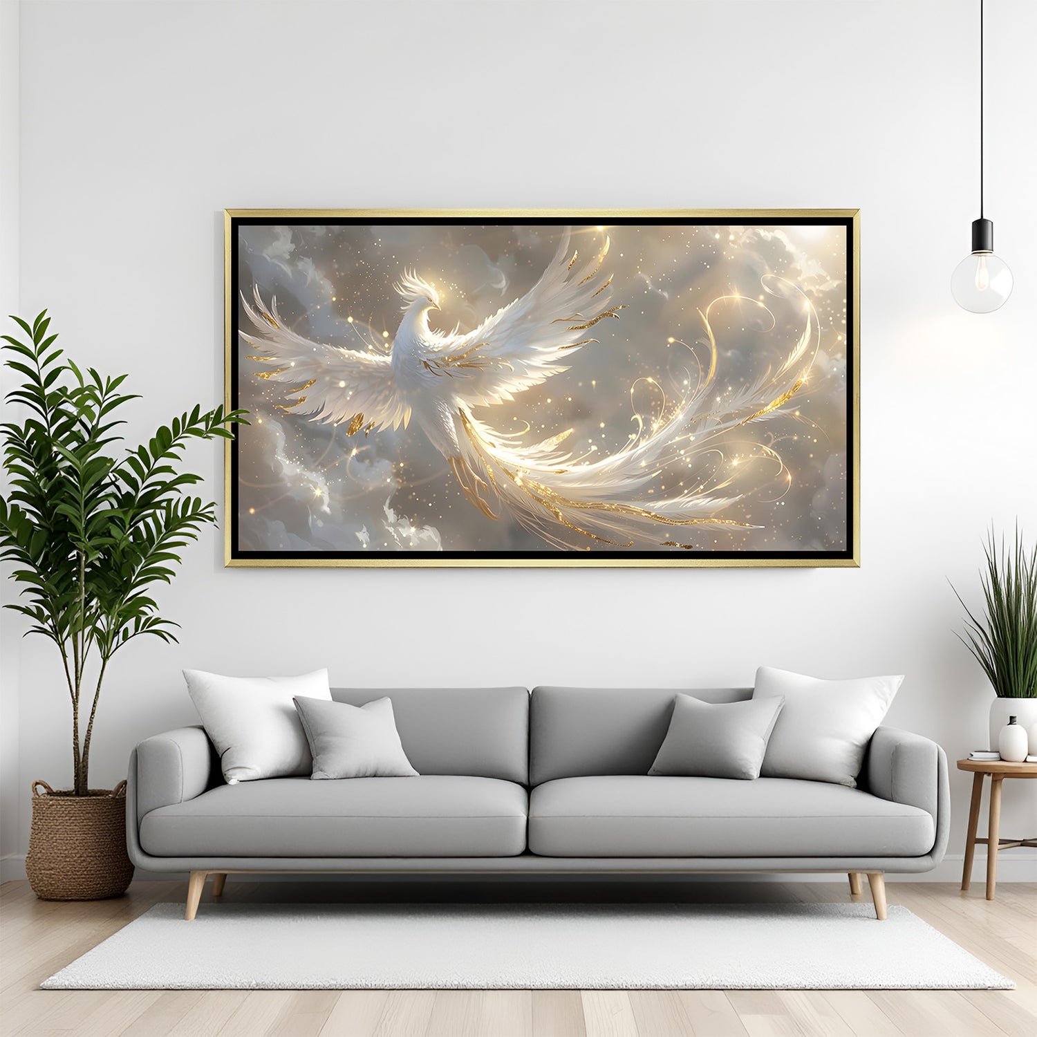 Luxury white phoenix wall art in gold frame featuring celestial clouds and shimmering details.