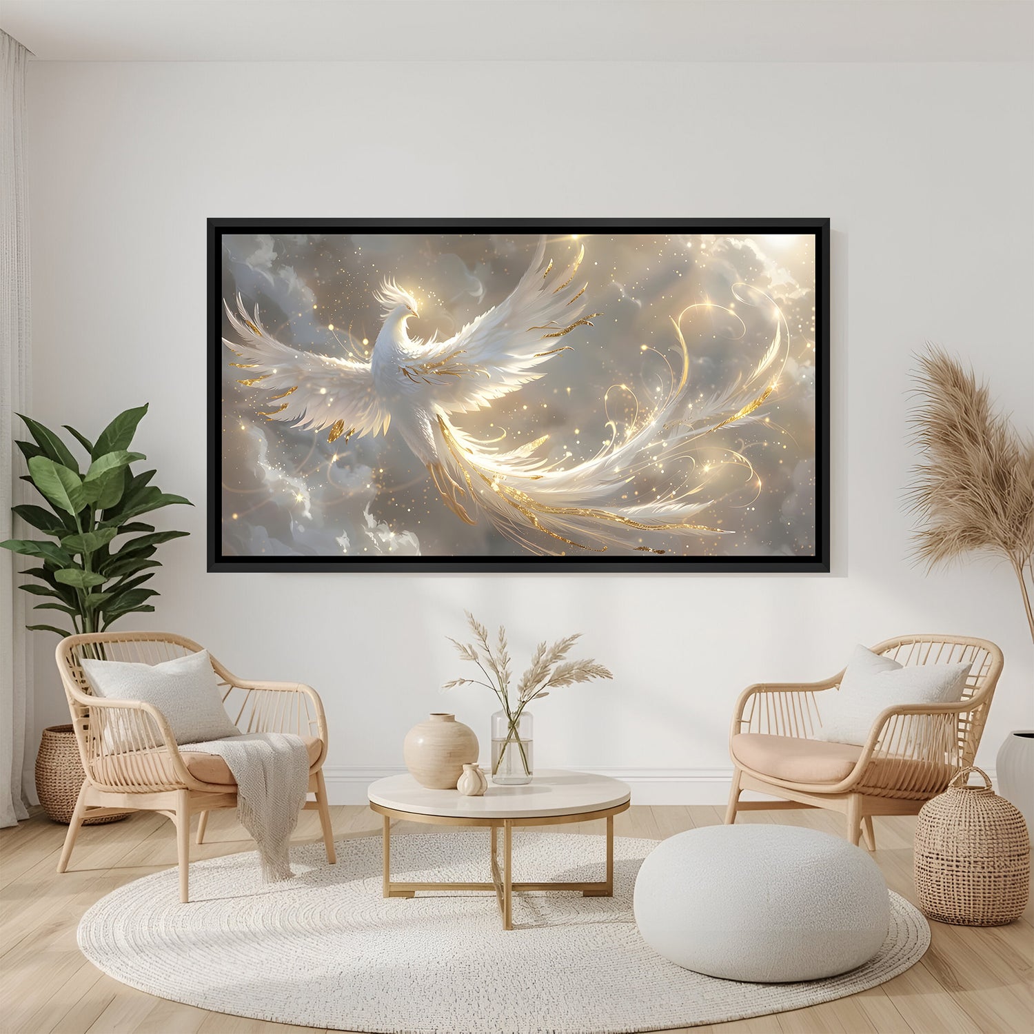 Elegant white and gold phoenix panorama artwork in black frame displayed on modern teal wall.
