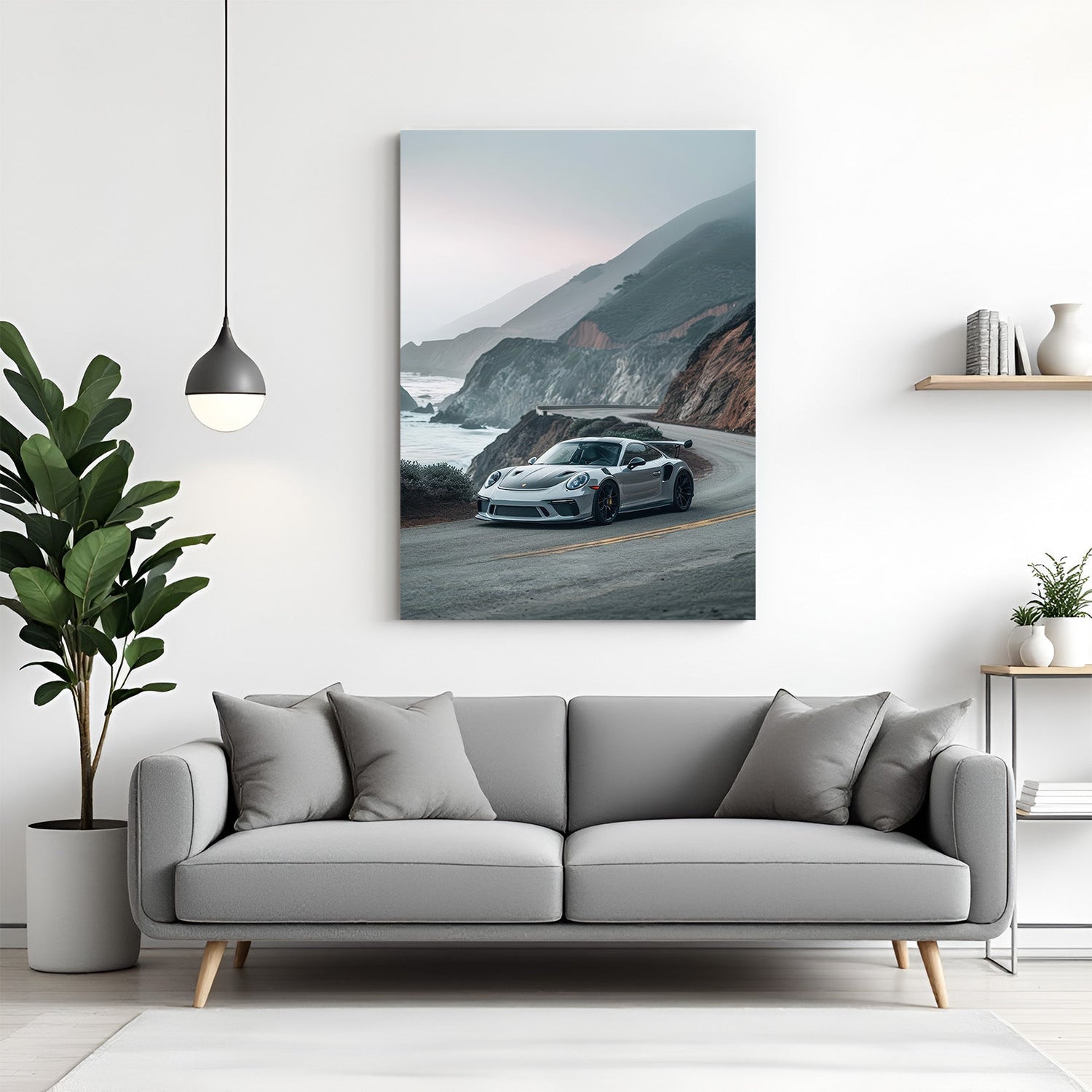 Canvas wall art of a white Porsche parked on a hilly area with serene surroundings and natural beauty