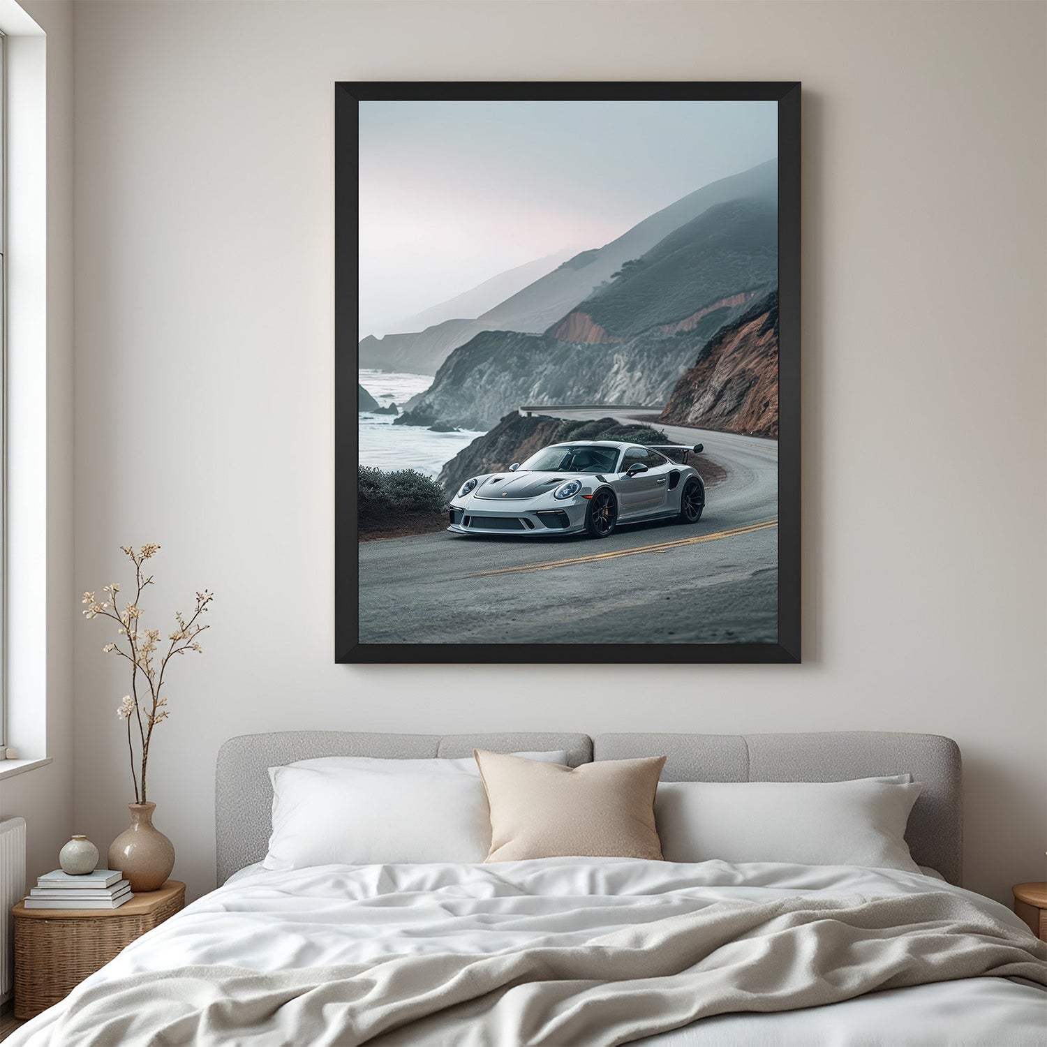 White Porsche with black floater frame print set against calm hilly background, perfect for modern interiors