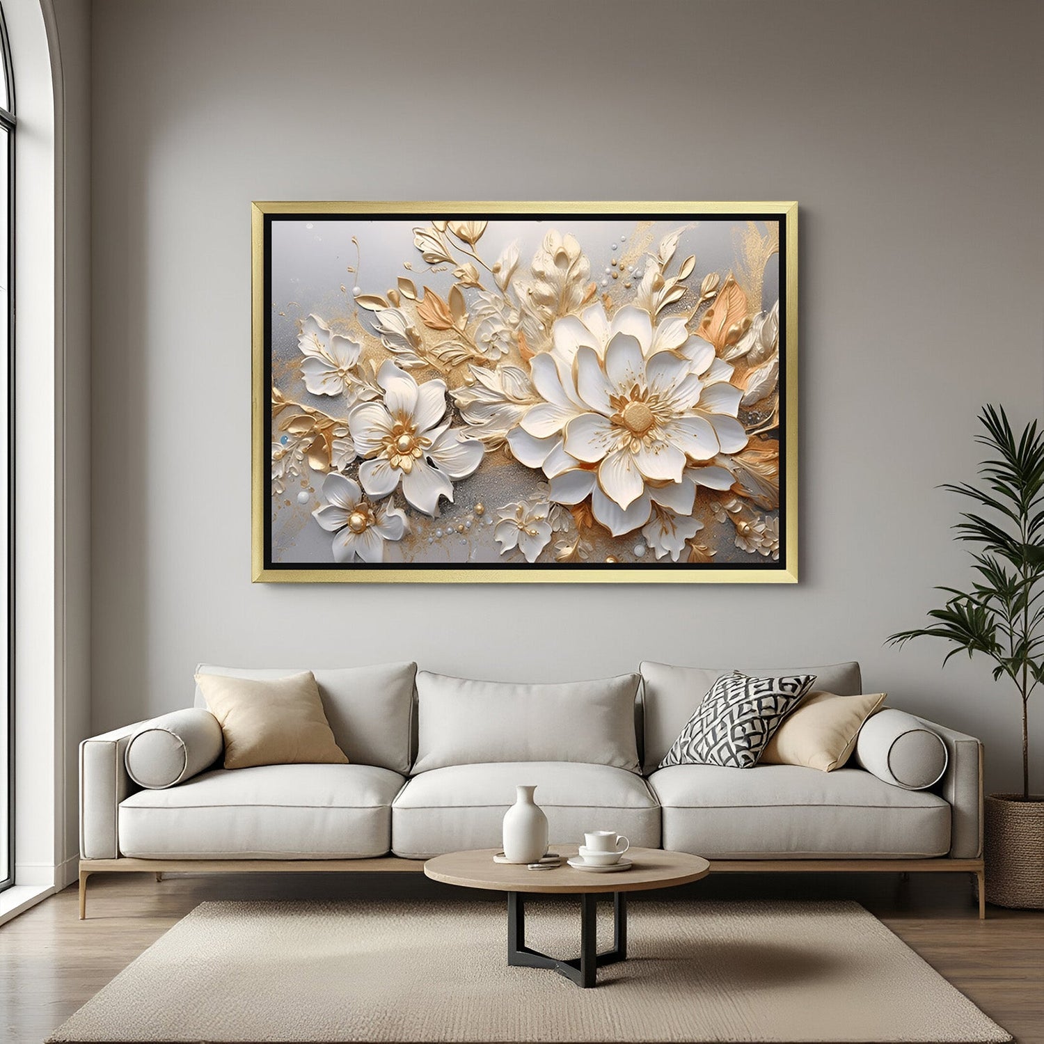 Golden-framed canvas artwork of a single white rose, ideal for luxury home interiors and floral-inspired wall decor