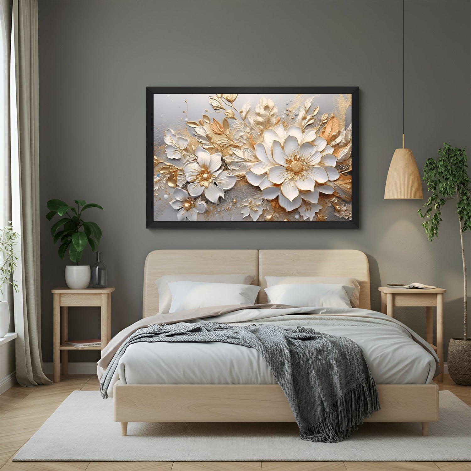 Framed canvas print of a beautiful white rose in full bloom with black floater frame, perfect for minimalist or elegant wall spaces