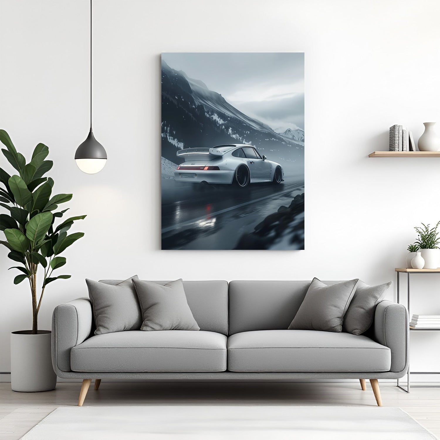 Canvas print of a white sports car driving through snowy mountain roads, symbolizing thrill and elegance