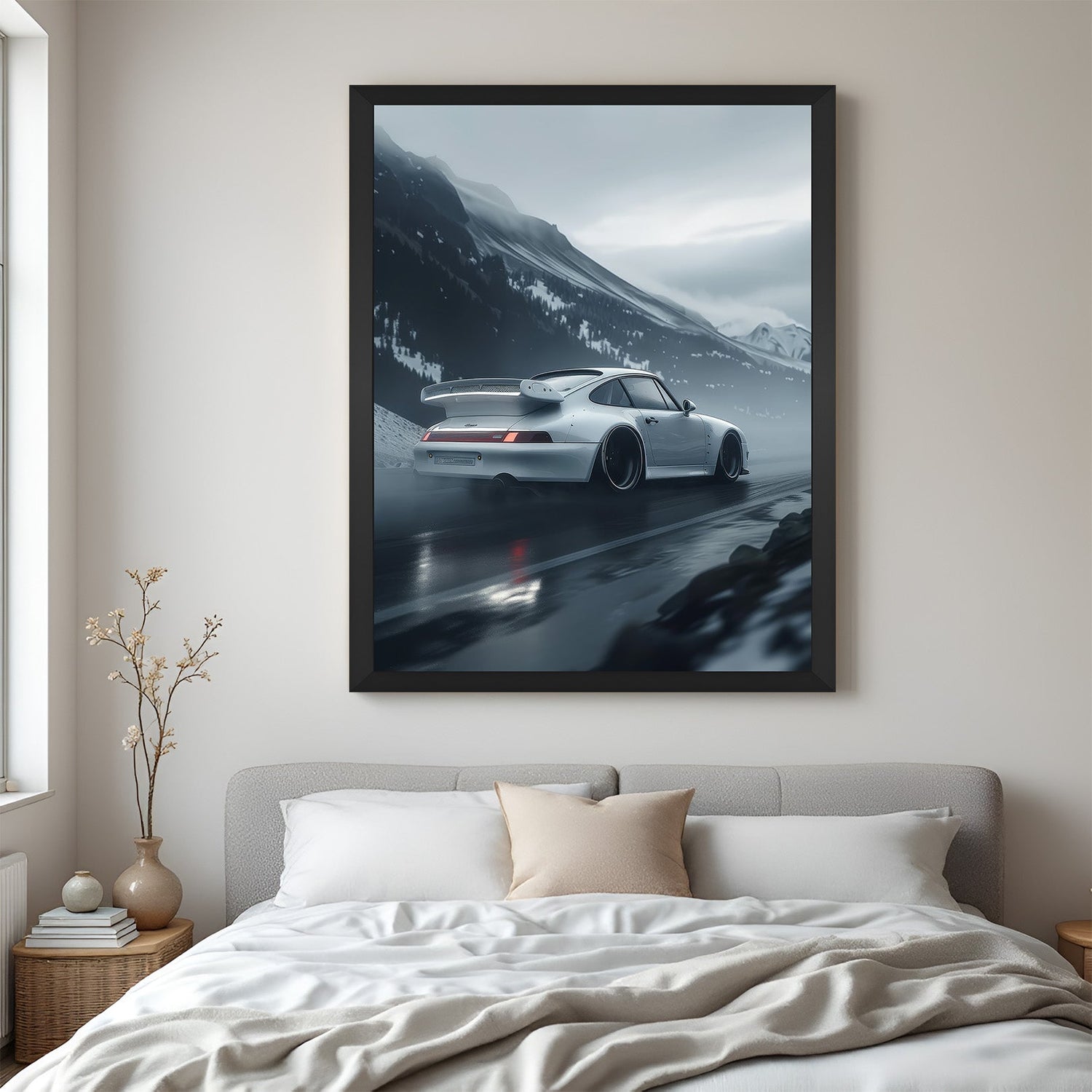 White car racing in a snow-covered mountain pass, framed in black for bold interior styling