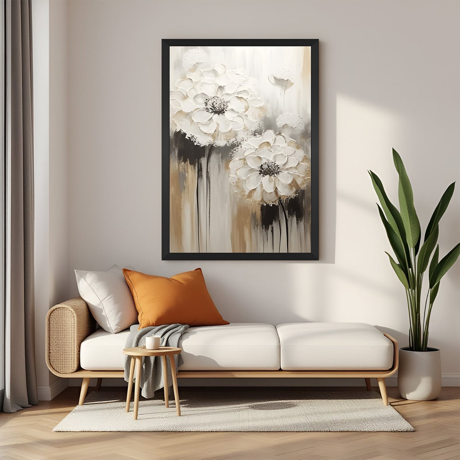 Framed white abstract floral canvas featuring two blossoms, with black floater frame for clean finish