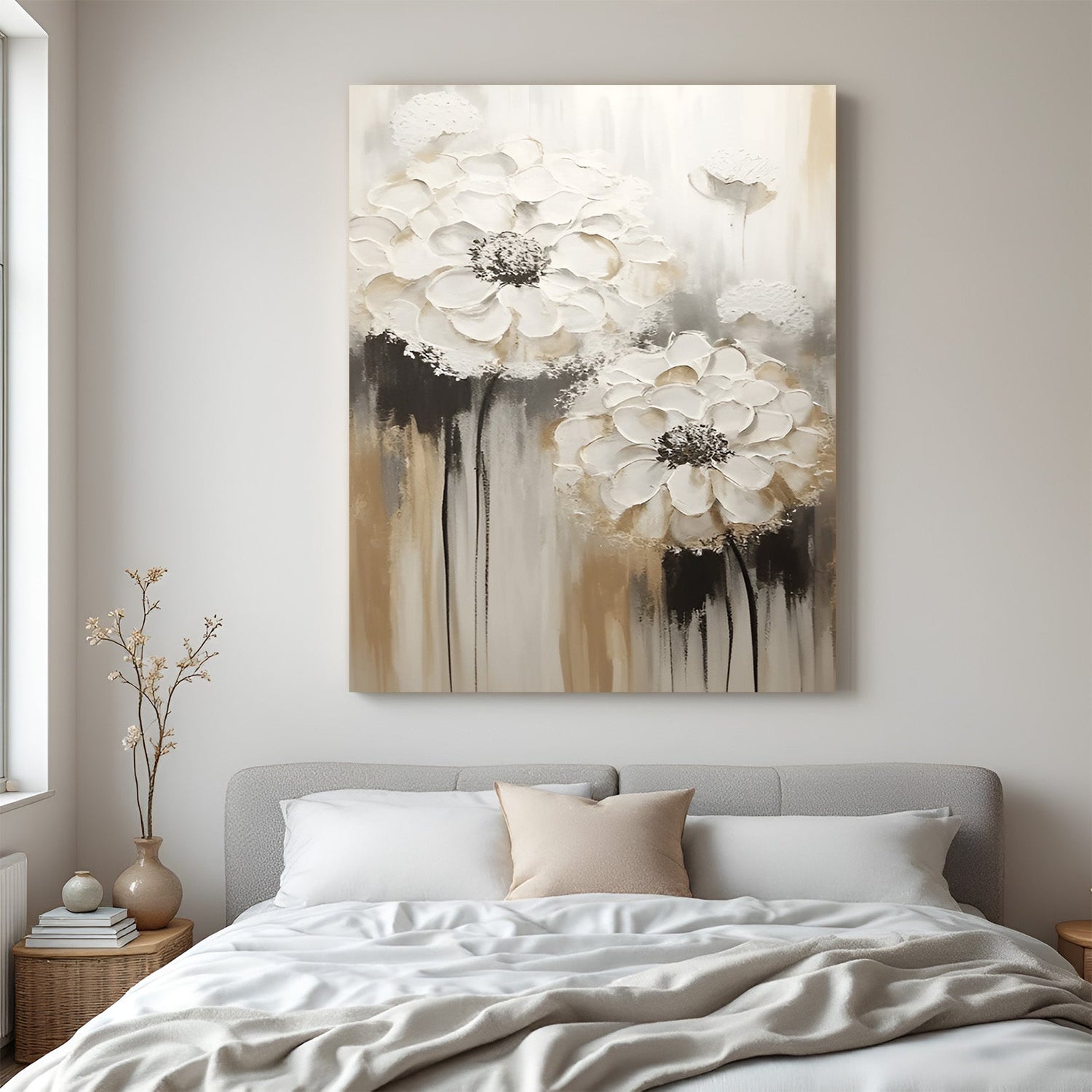 Canvas wall art of two abstract white flowers on soft-toned background for peaceful modern decor