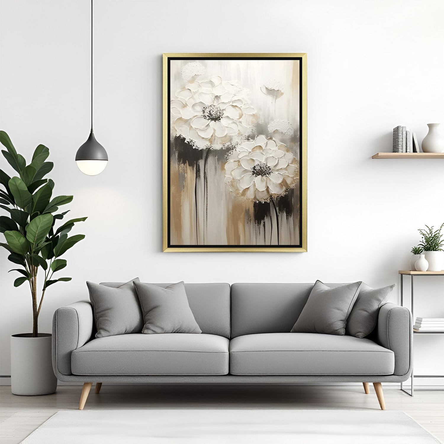 Golden-framed canvas print with two abstract white flowers for a soft and elegant wall accent