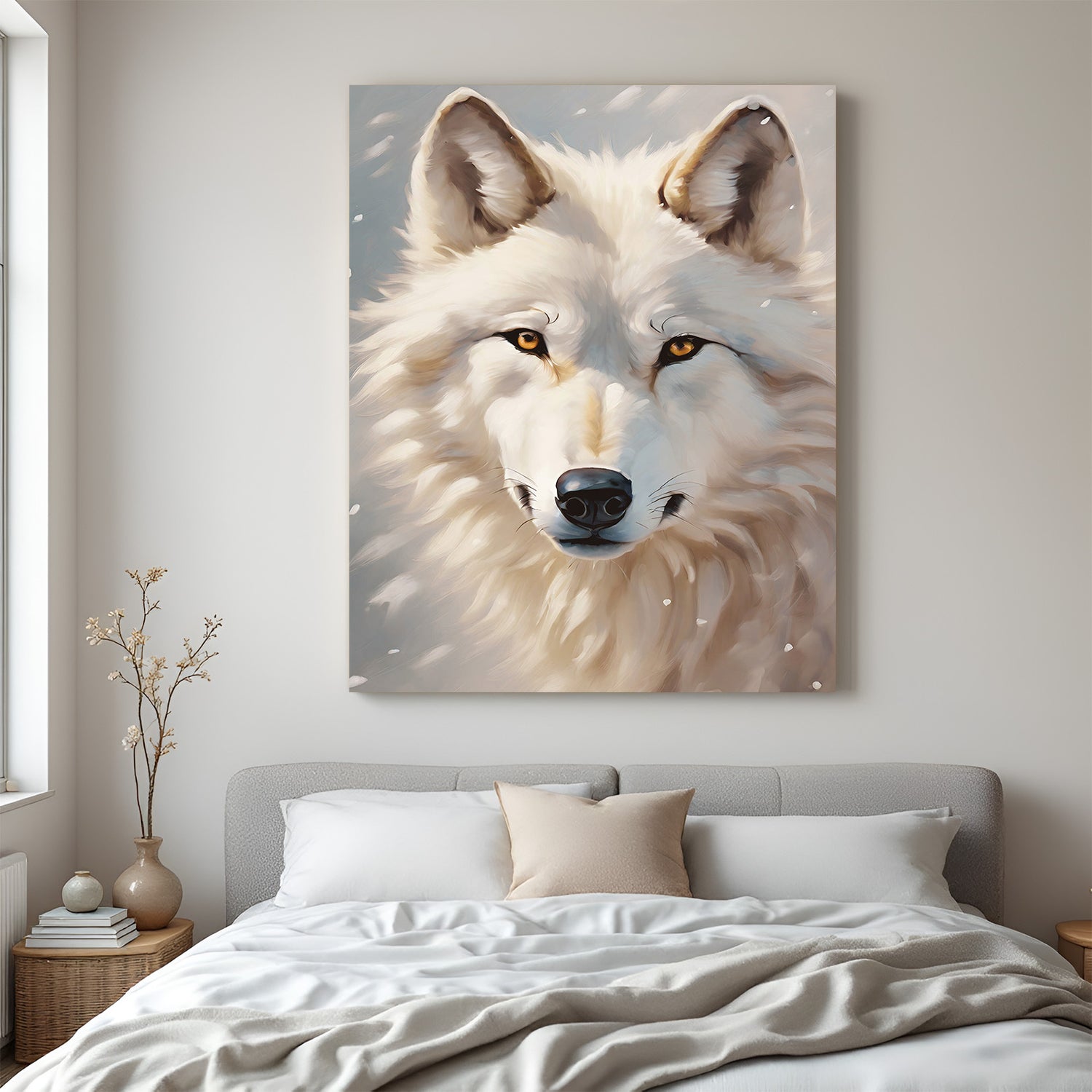 White wolf canvas wall art showing calm and power, ideal for modern interiors with nature-inspired personality