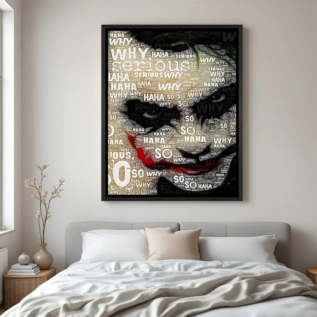 Joker word art portrait canvas in black floater frame with Why So Serious typography design