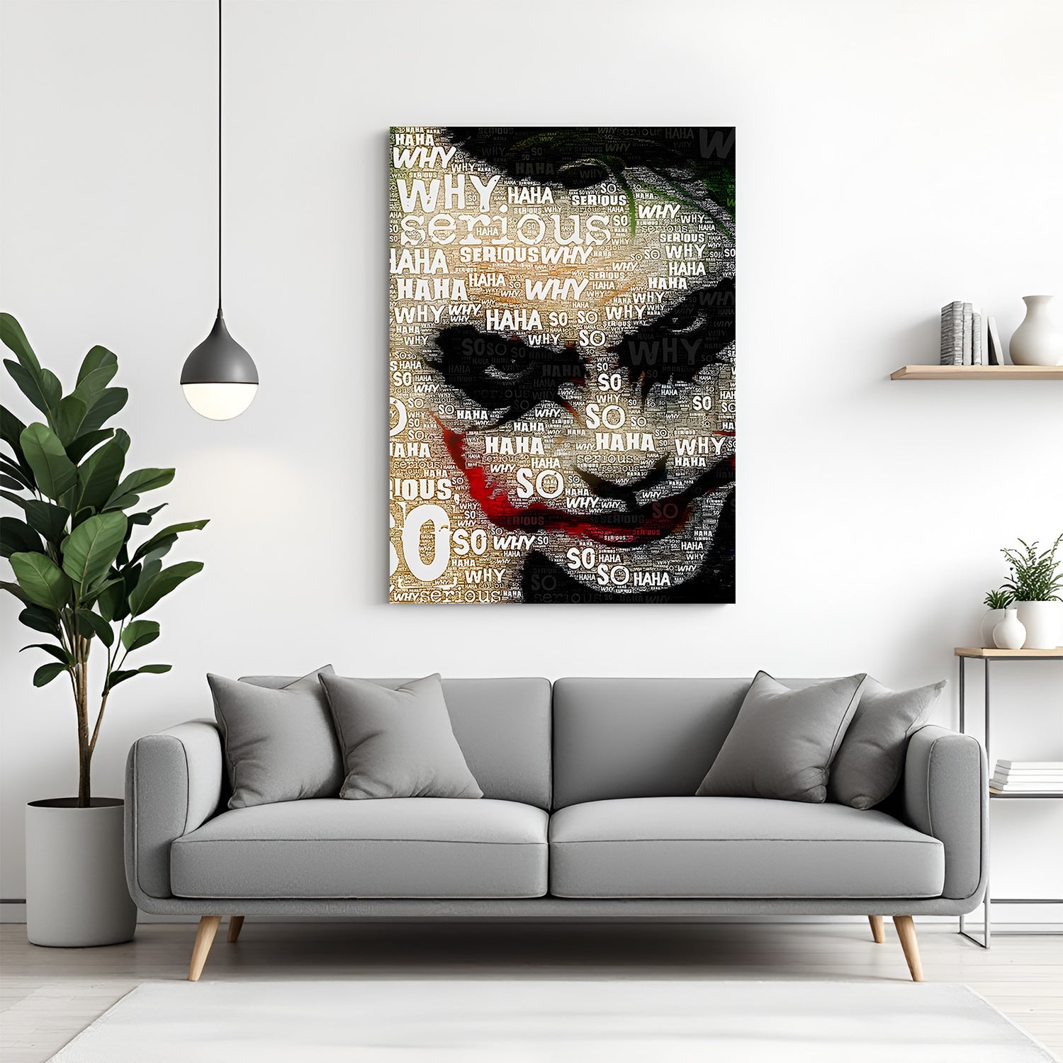 Joker typography canvas wall art featuring Why So Serious text portrait in premium canvas wrapped frame