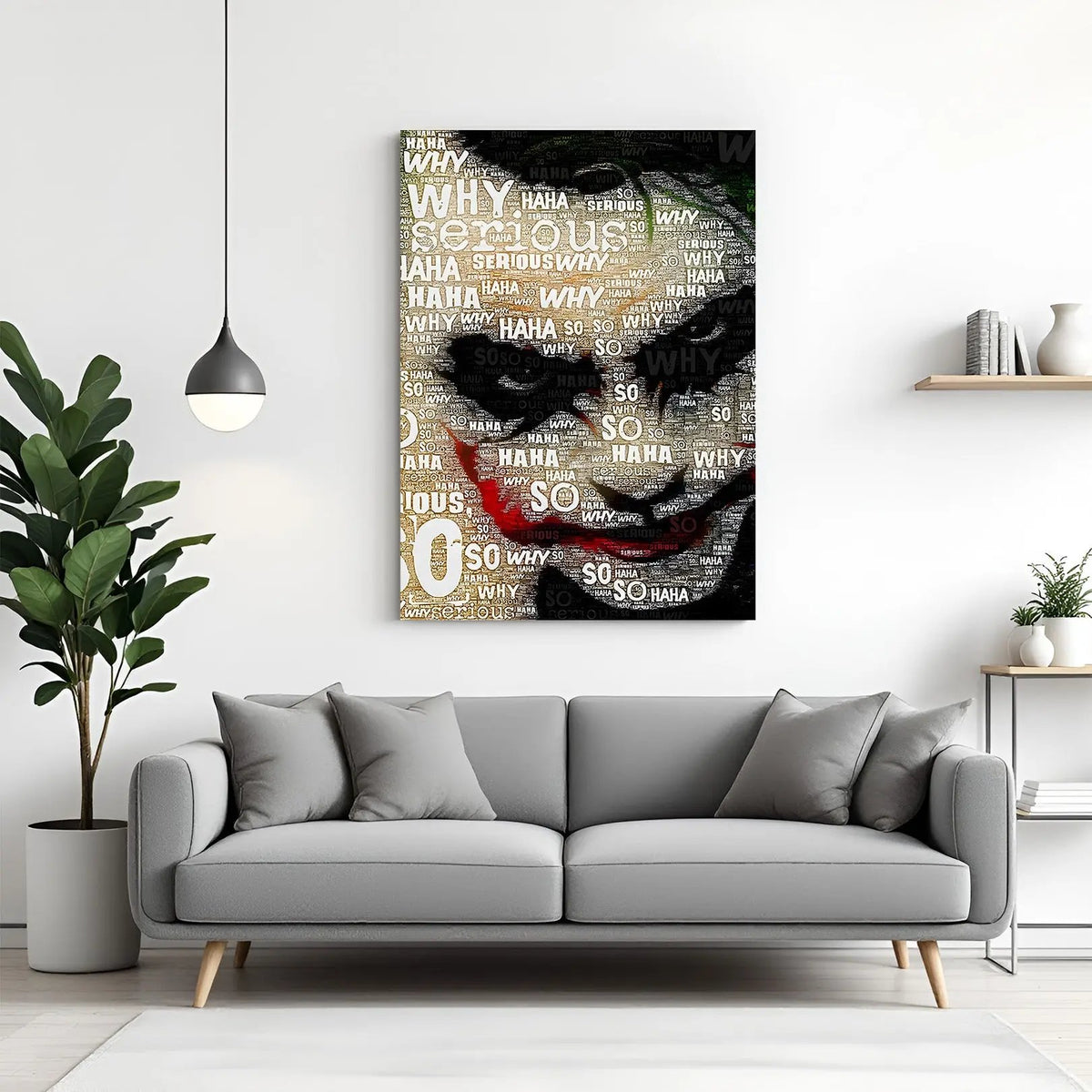 Joker typography canvas wall art featuring Why So Serious text portrait in premium canvas wrapped frame