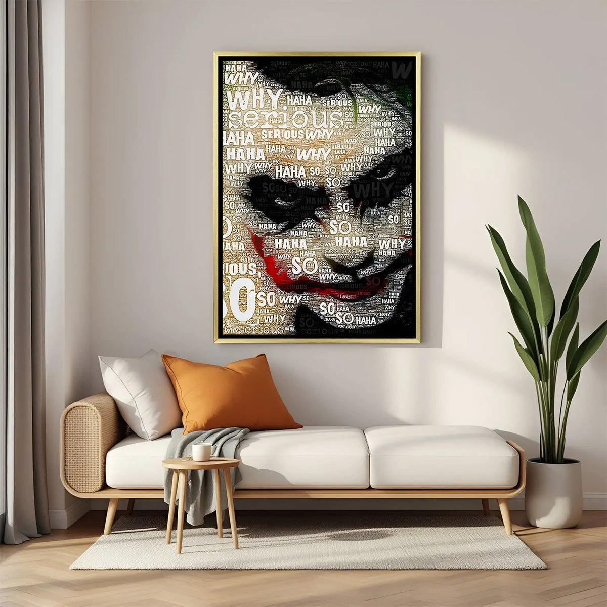 Joker typography artwork in luxury golden floater frame with iconic Why So Serious text composition