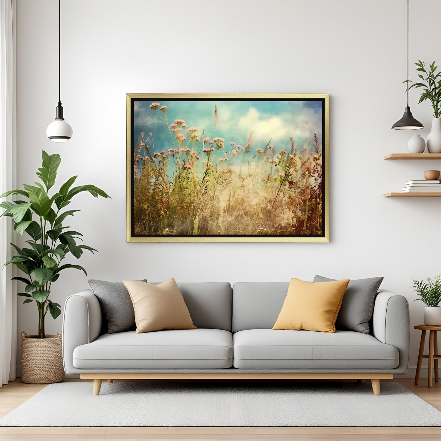 Golden-framed canvas of wildflowers with vintage texture, designed to enhance elegant and heritage-inspired interiors