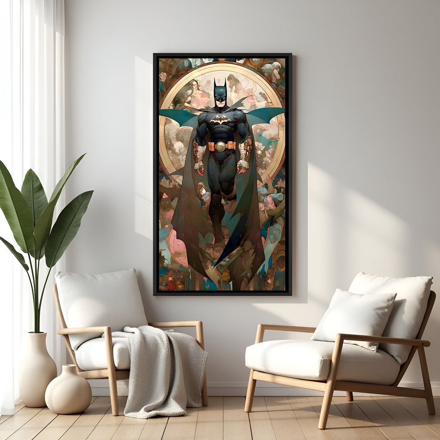Batman flight artwork in elegant black floater frame featuring massive bat wings and dramatic sky scene