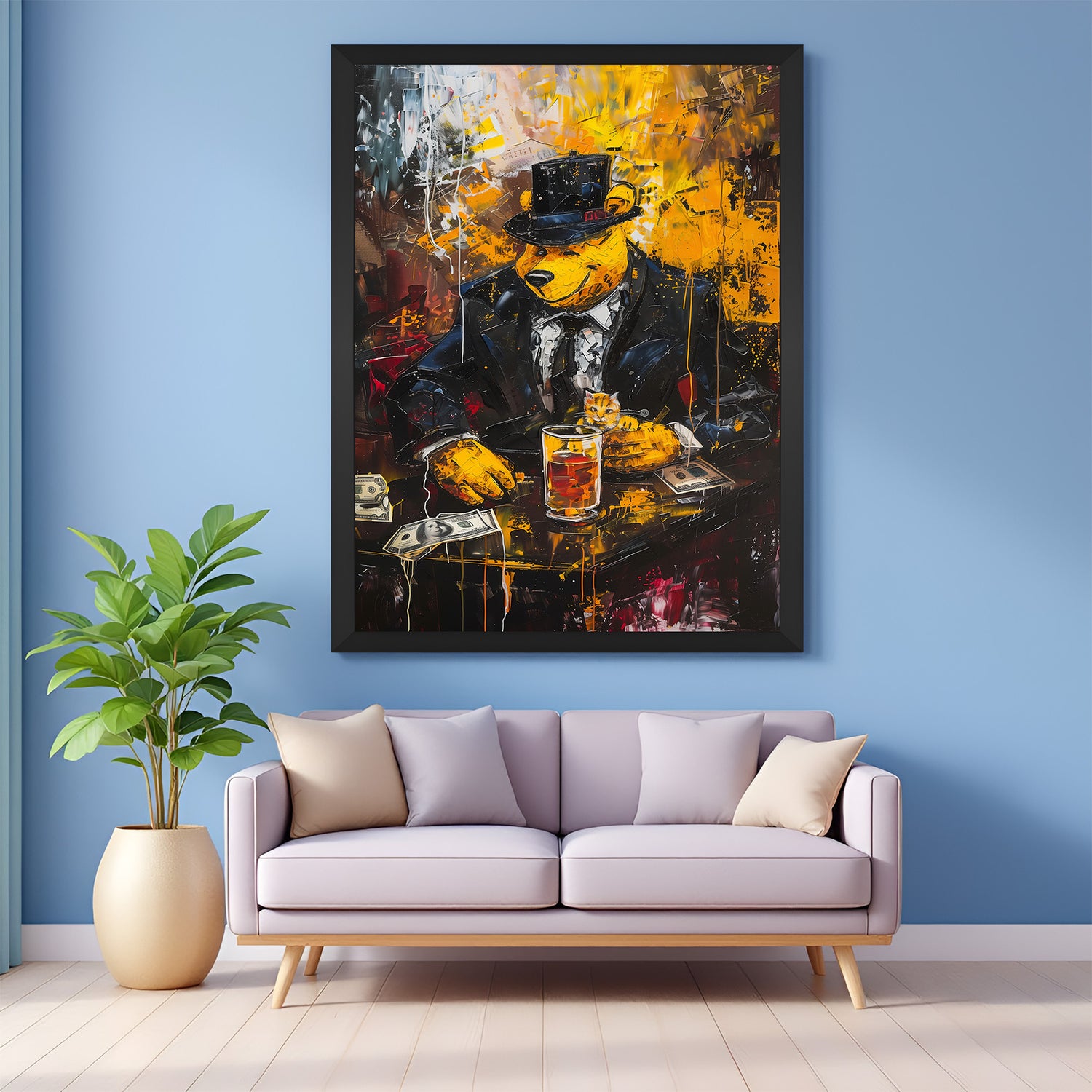 Black-framed canvas of Winnie the Pooh styled as a mafia boss, perfect for bold modern interiors, gaming setups, and character-driven artistic spaces