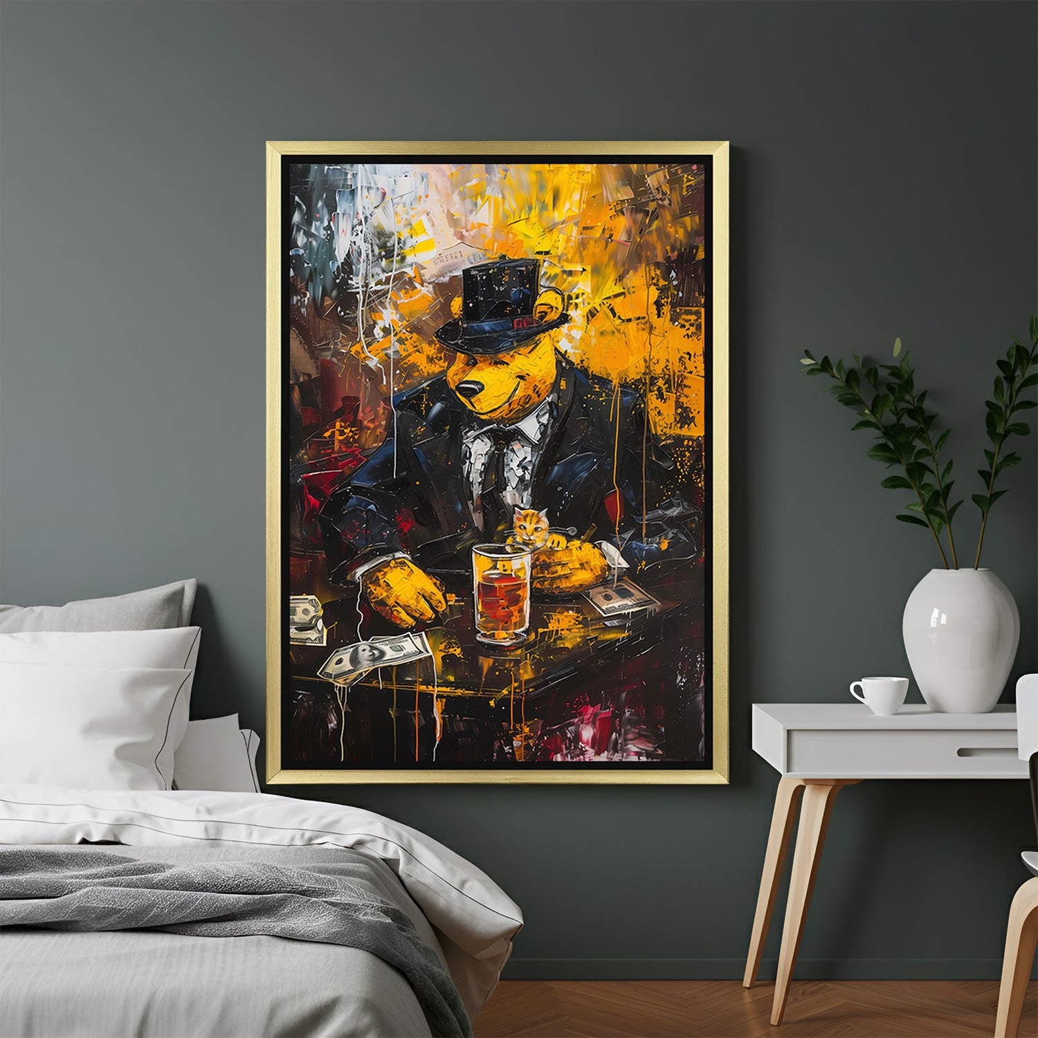Golden-framed canvas print of mafia-style Winnie the Pooh in painted modern style—ideal for collectors, pop culture fans, and premium quirky home decor