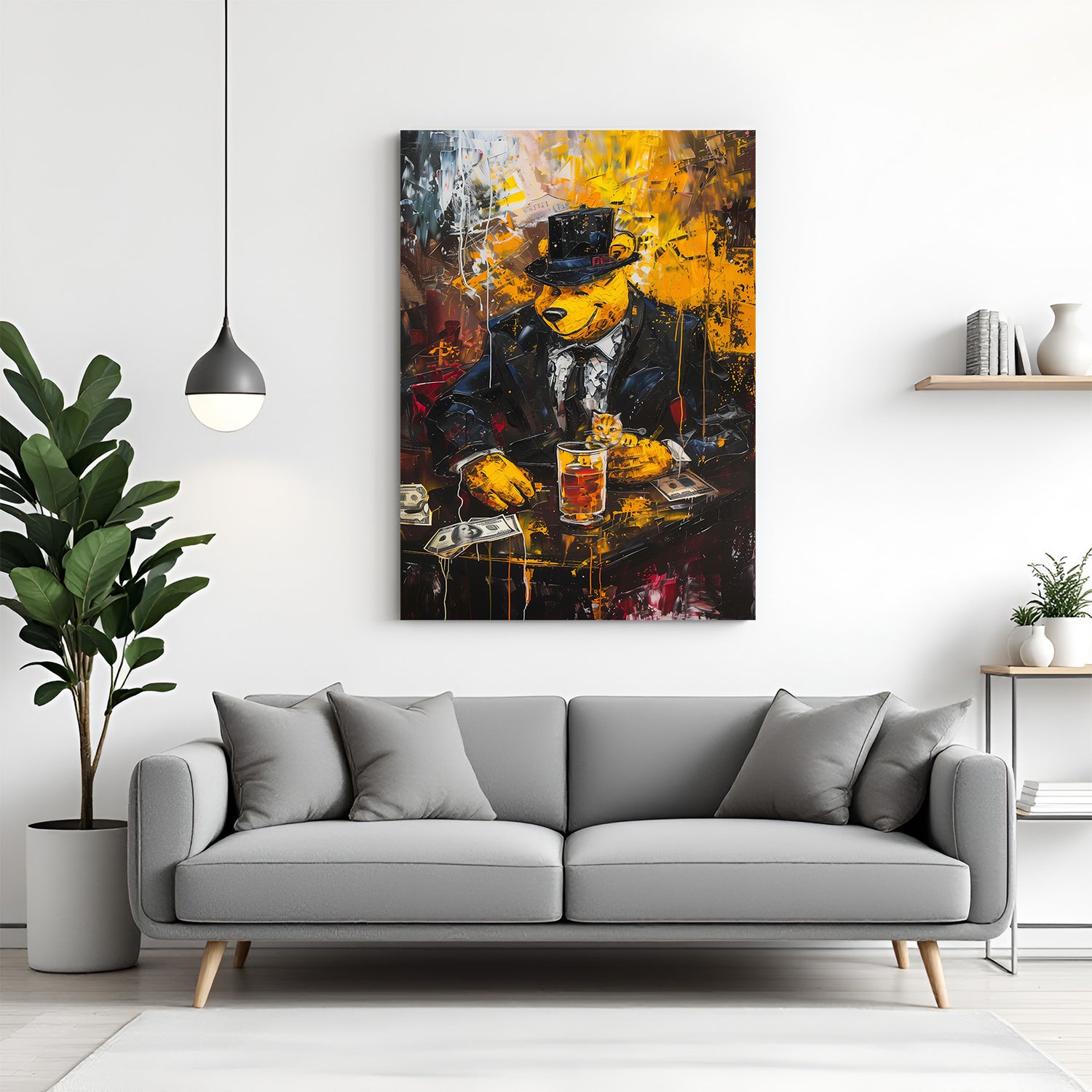 Modern art canvas showing Winnie the Pooh in a mafia-style outfit with sunglasses and suit, reimagined in bold painted style for edgy and unique wall decor
