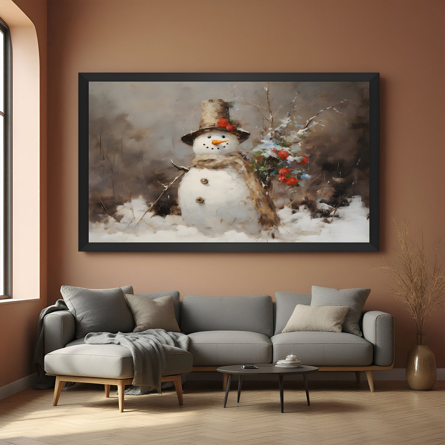 Black-framed vintage canvas art of winter snowman—nostalgic snow-covered landscape wall decor