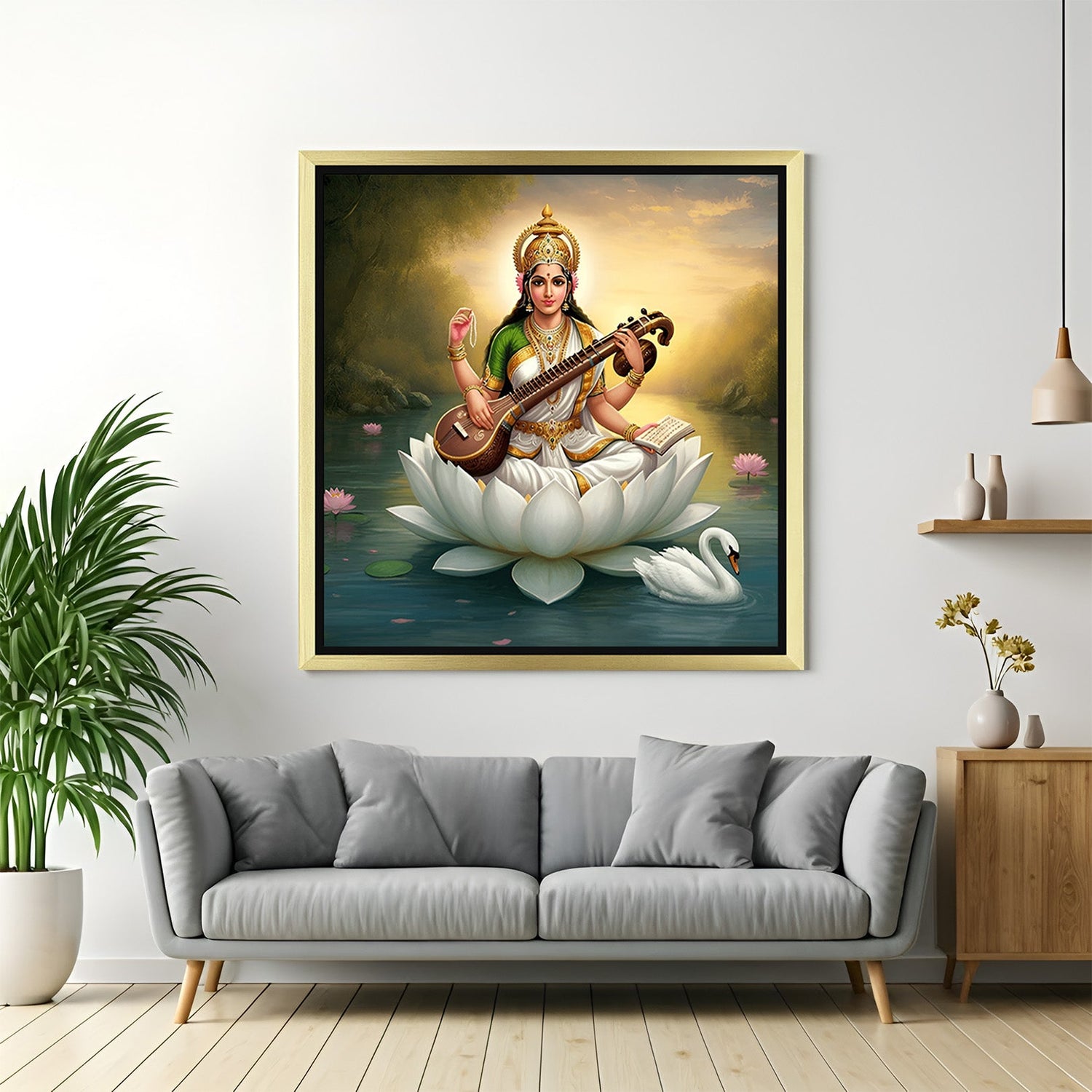 Golden frame Maa Saraswati canvas wall art for pooja room and knowledge-enhancing Vastu decor
