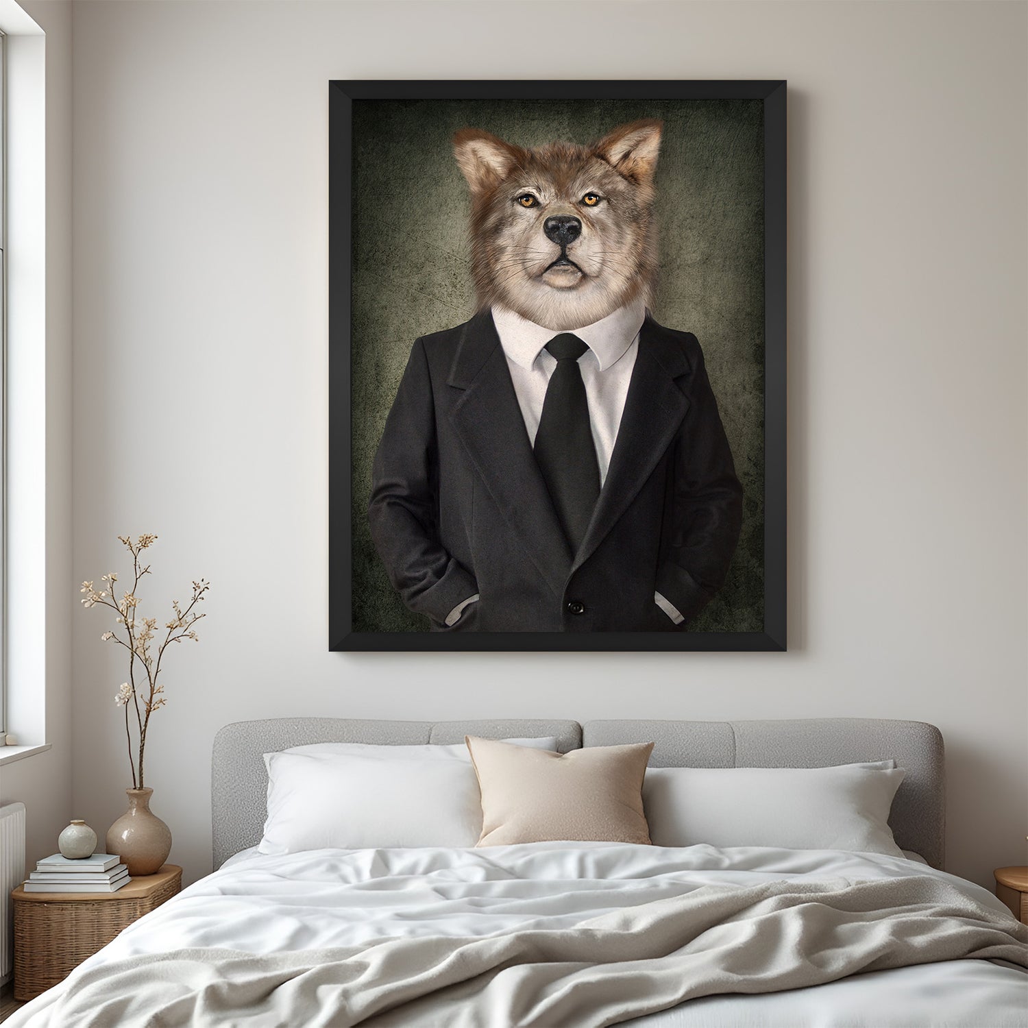 Stylish wolf art in black floater frame, dressed in a formal suit for modern offices or personal spaces reflecting intelligence and confidence