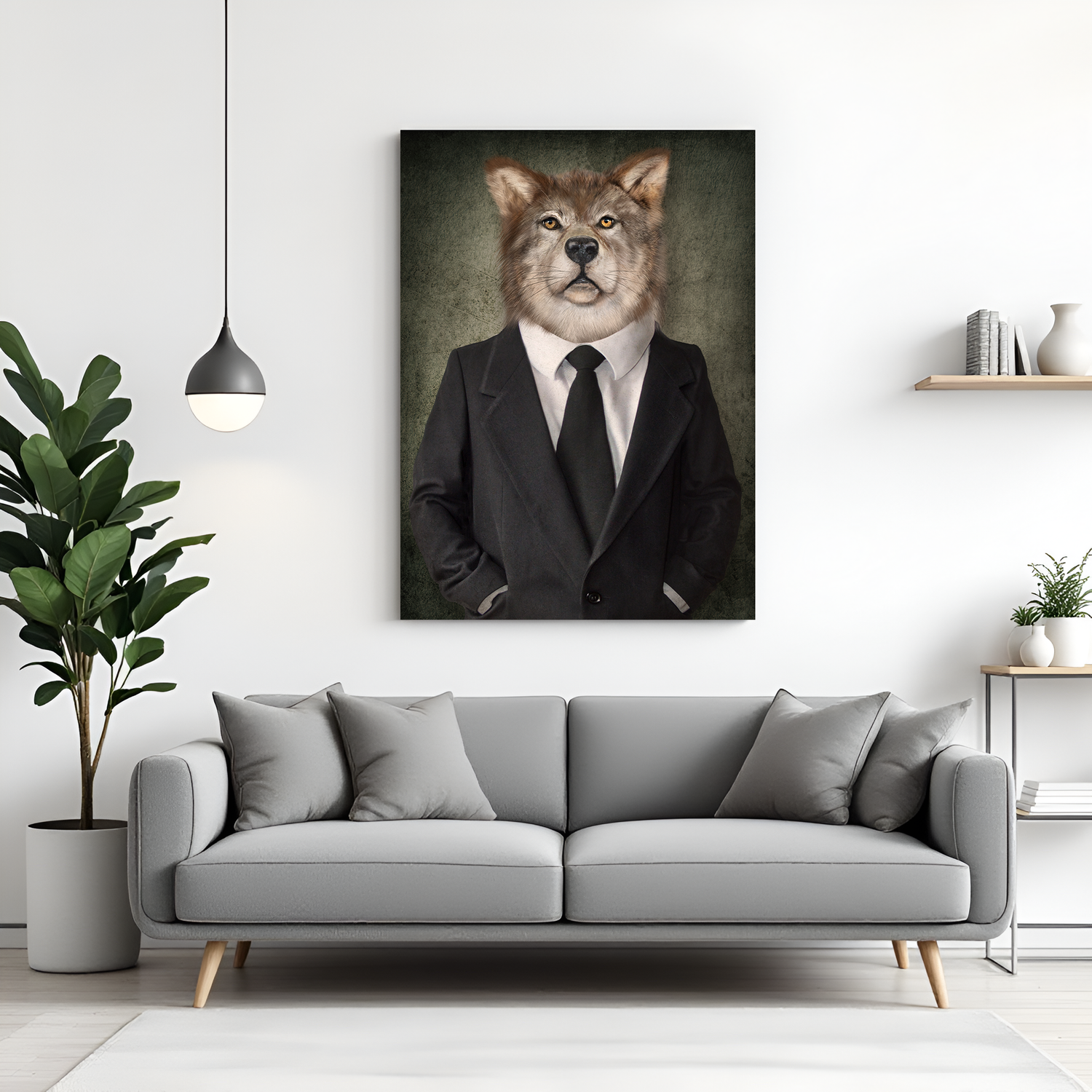 Wolf in suit canvas painting showing confidence and leadership, perfect for interiors that highlight strength, strategy, and refined power